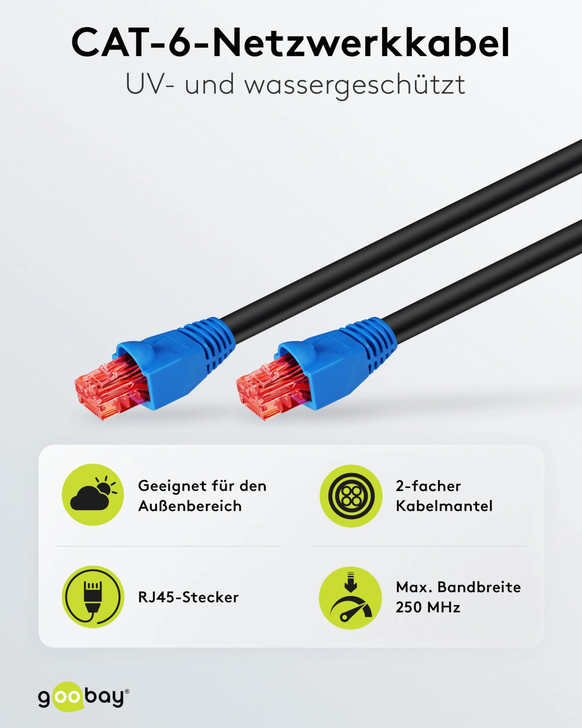 Goobay CAT 6 U/UTP 10m Kabel Sieciowy do Użytku na Zewnątrz, Czarny/Niebieski, 10 m