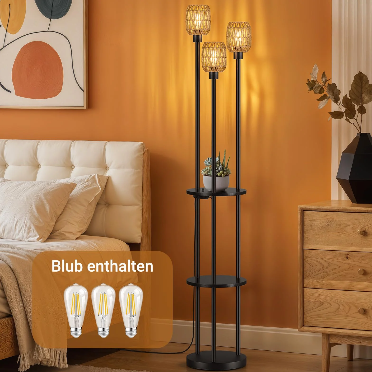 Lampa stojąca do salonu, vintage, 3-punktowa, do sypialni i biura | Abażur rattanowy w stylu boho, dwuwarstwowy regał, przełącznik obrotowy, 0%-100% bezstopniowe ściemnianie, zawiera żarówkę