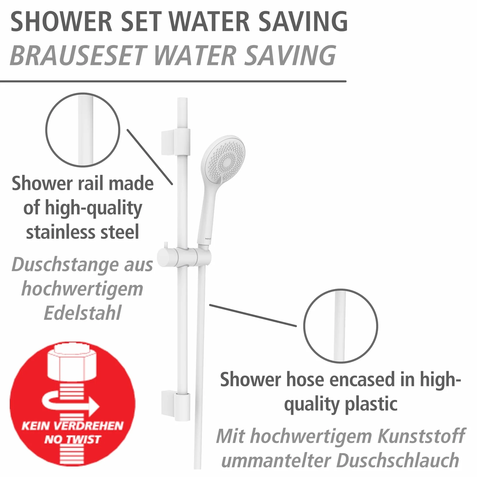 WENKO Zestaw prysznicowy Watersaving, drążek prysznicowy ze stali nierdzewnej, oszczędzająca wodę głowica prysznicowa, z wężem prysznicowym 150 cm, biały