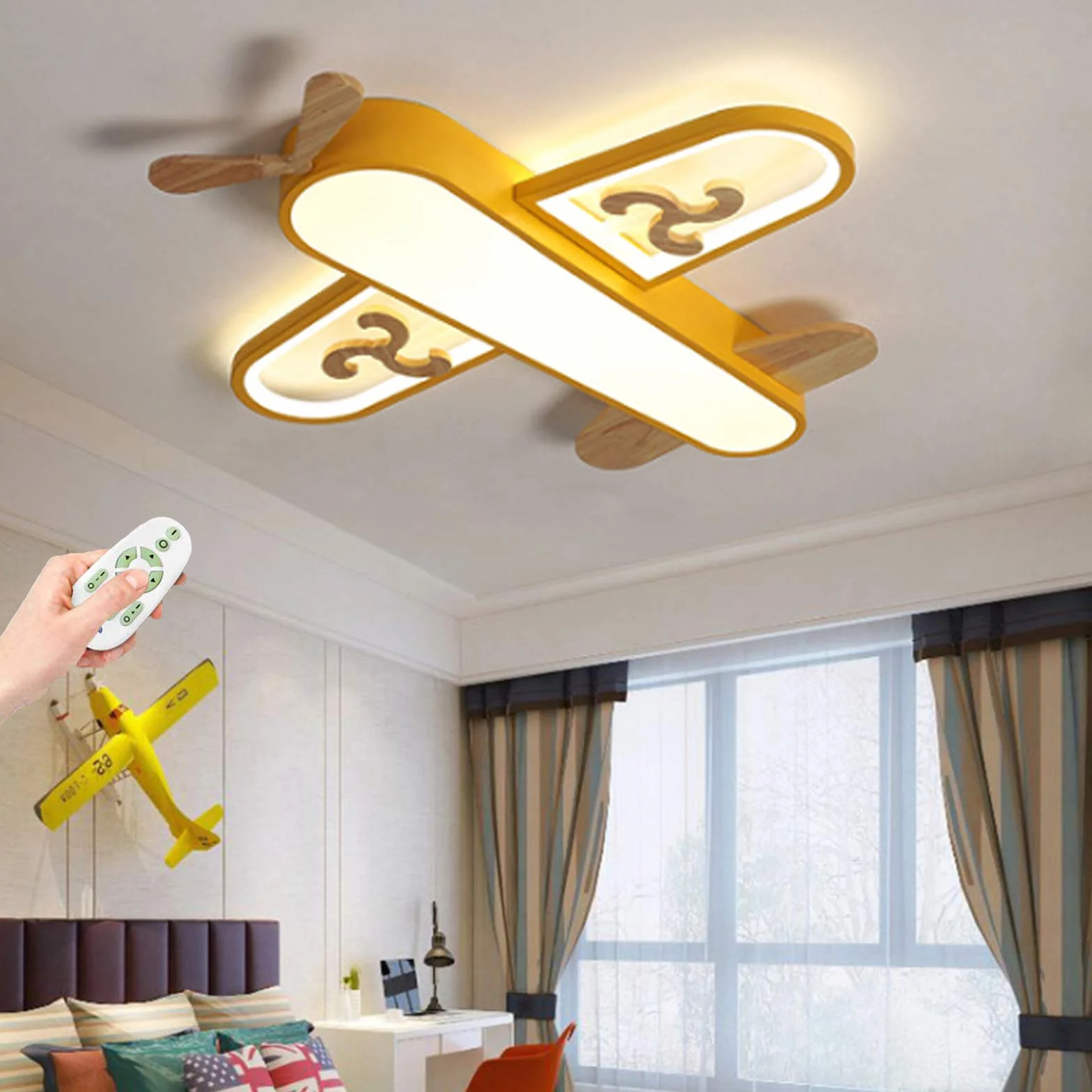 Lampa sufitowa LED do pokoju dziecięcego, samolot, nowoczesna, ściemniana, pilot zdalnego sterowania, żyrandol, oświetlenie dla chłopców i dziewczynek, do sypialni, salonu, gabinetu, jadalni