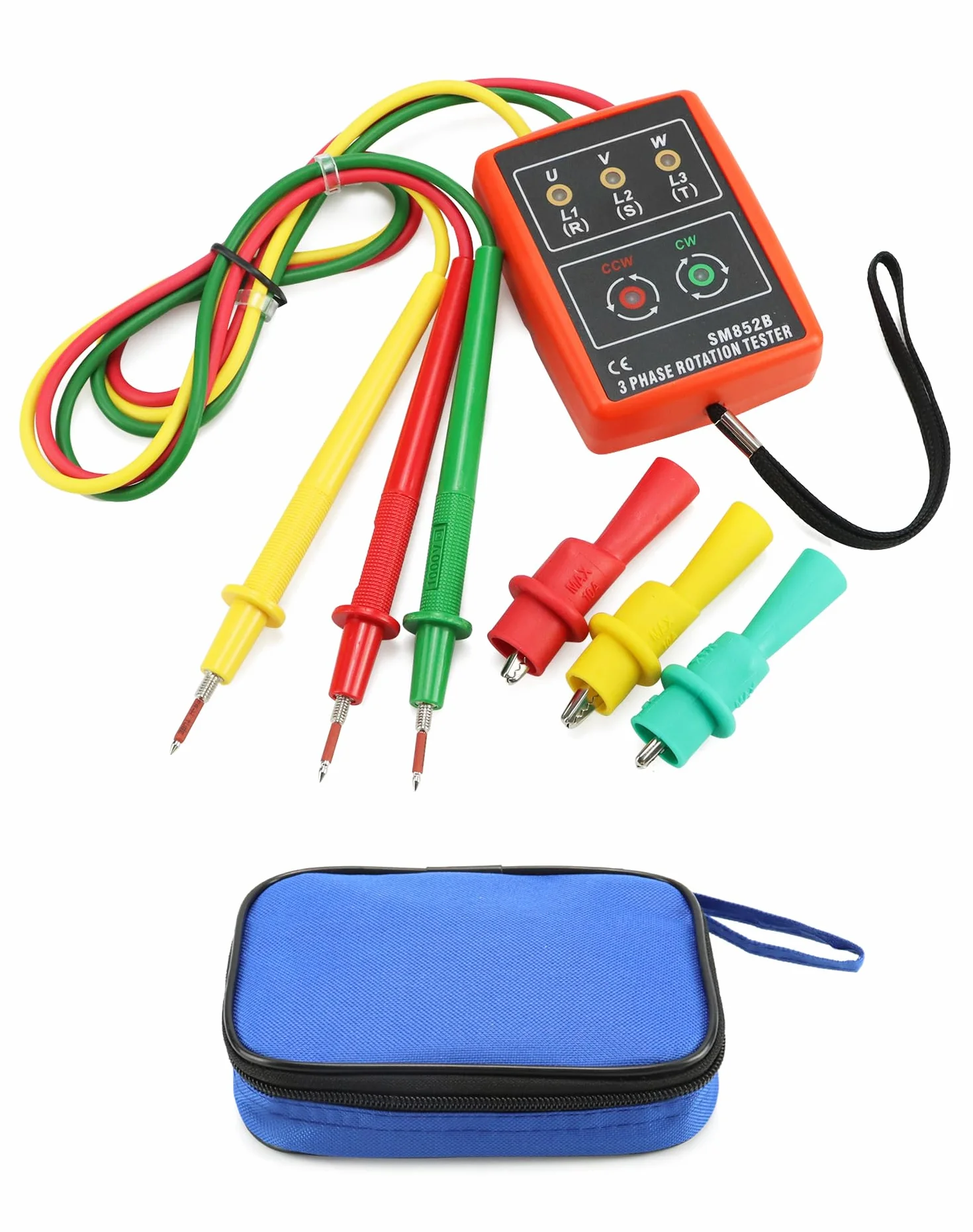 QWORK® Tester fazowy 3-fazowy miernik kąta obrotowego, 60 V ~ 600 V AC, 20-400 Hz, z testerem brzęczyka i zaciskami krokodylkowymi
