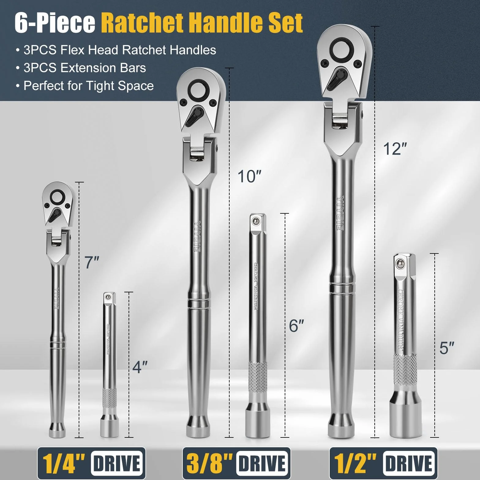 YIYEIE 6-częściowy zestaw kluczy nasadowych z grzechotką 1/4", 3/8", 1/2" z drążkiem przedłużającym, regulowany w zakresie 180°, 72 zęby, szybkie zwalnianie, stal Cr-V, zestaw grzechotki obrotowej z