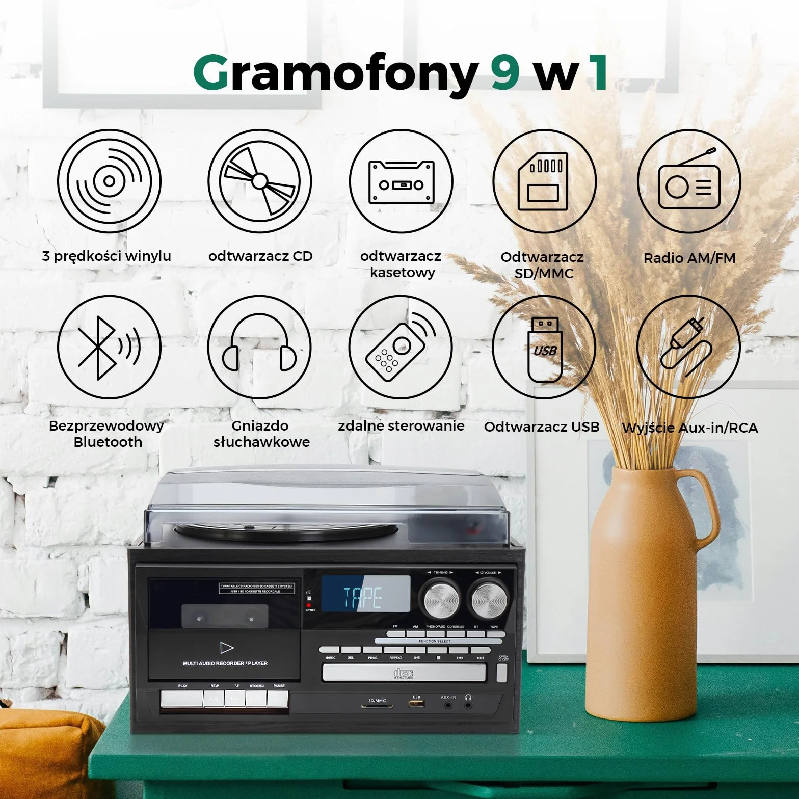 Gramofon z Bluetooth 3-biegowy odtwarzacz winyli CD kaset radio AM/FM USB SD MMC czarny