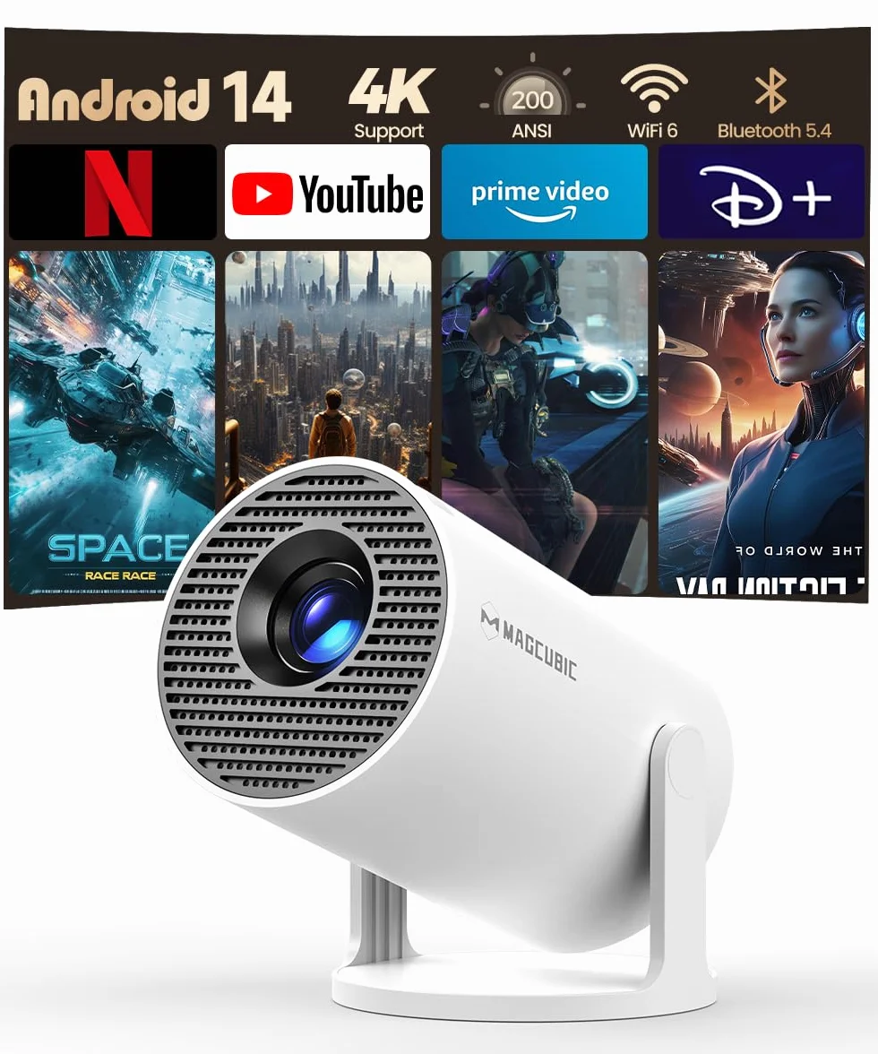 Mini Projektor 4K 5G WiFi 6 BT 5.4 Full HD 1080P 200ANSI Automatyczna Korekcja Trapezu Biały