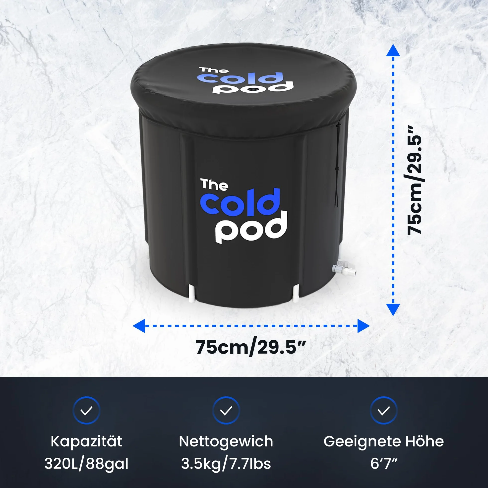 The Cold Pod składana wanna do kąpieli lodowej dla sportowców z pokrywą, 75 cm, przenośna tuba do krioterapii, do użytku wewnątrz i na zewnątrz, dla dorosłych