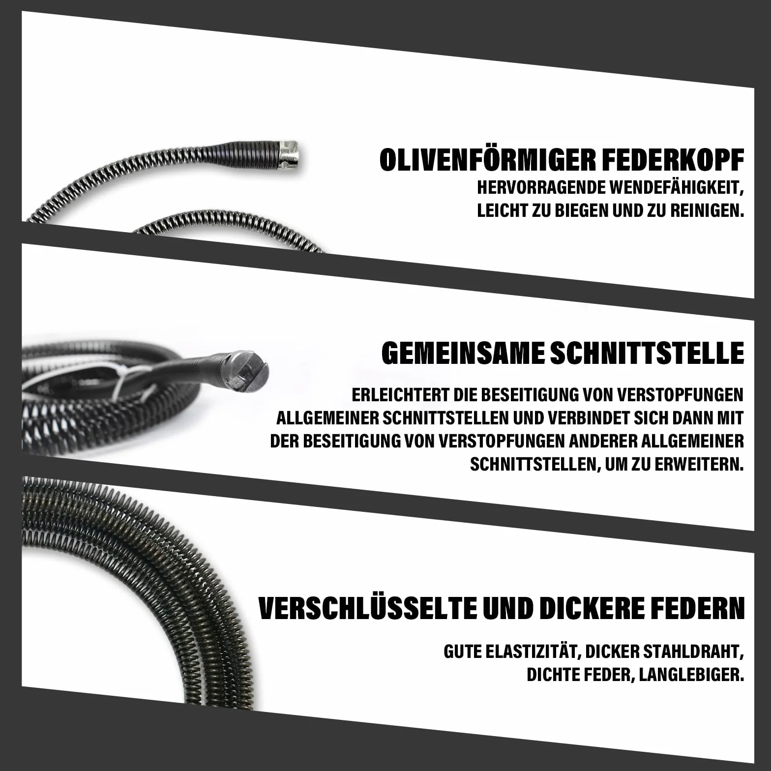 Spirala do czyszczenia rur, spirala do czyszczenia odpływów, 5 m x Ø 12 mm, wielofunkcyjny wałek do czyszczenia rur z elektrycznymi i ręcznymi adapterami, do czyszczenia rur z 6 głowicami