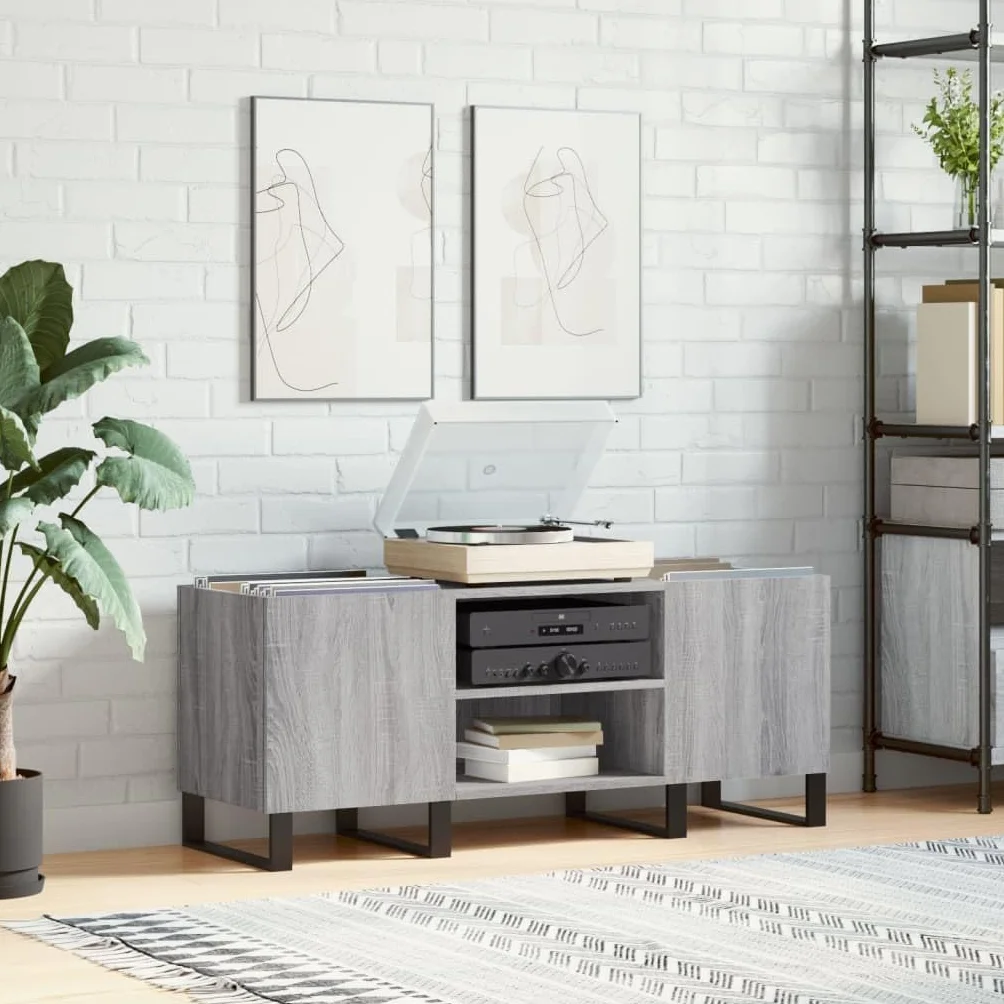 Fengshui Szafka panelowa szara Sonoma 121 x 38 x 48 cm materiał drewnopochodny | Stabilna górna płyta do gramofonu, żelazne nogi, styl industrialny, dużo miejsca do przechowywania dla LP