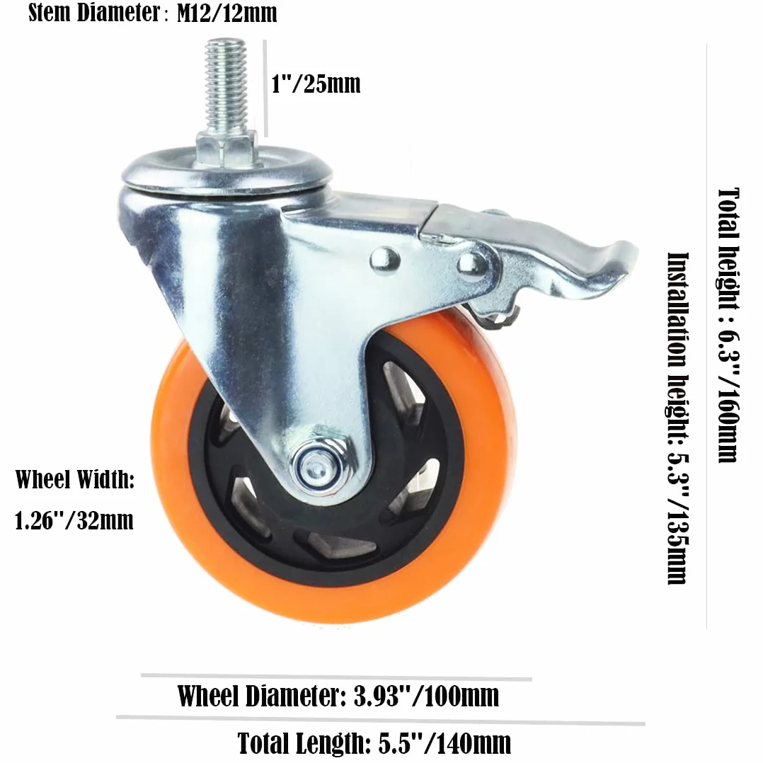 Wytrzymałe, obrotowe koła, 3-calowe żółte kółka z trzpieniem metrycznym M12-1,75x25 mm, podwójne hamulce, kółka bezpieczne do 1200 funtów/zestaw do przemysłu i mebli, zestaw 4 szt.