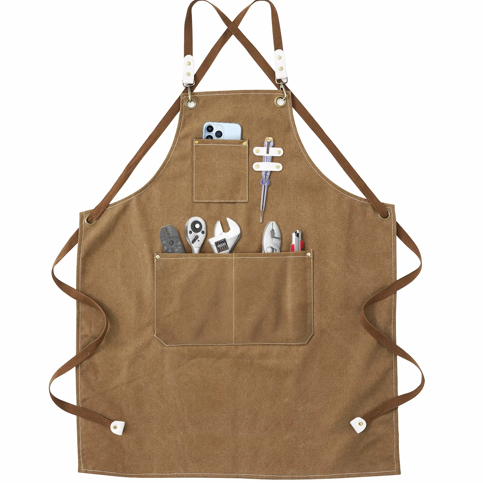 Fartuch roboczy, damski fartuch spawalniczy z kieszeniami, regulowane paski na plecach, odzież ochronna, idealny do ogrodu, kuchni, ceramiki, warsztatu, garażu 78x57 cm, brązowy