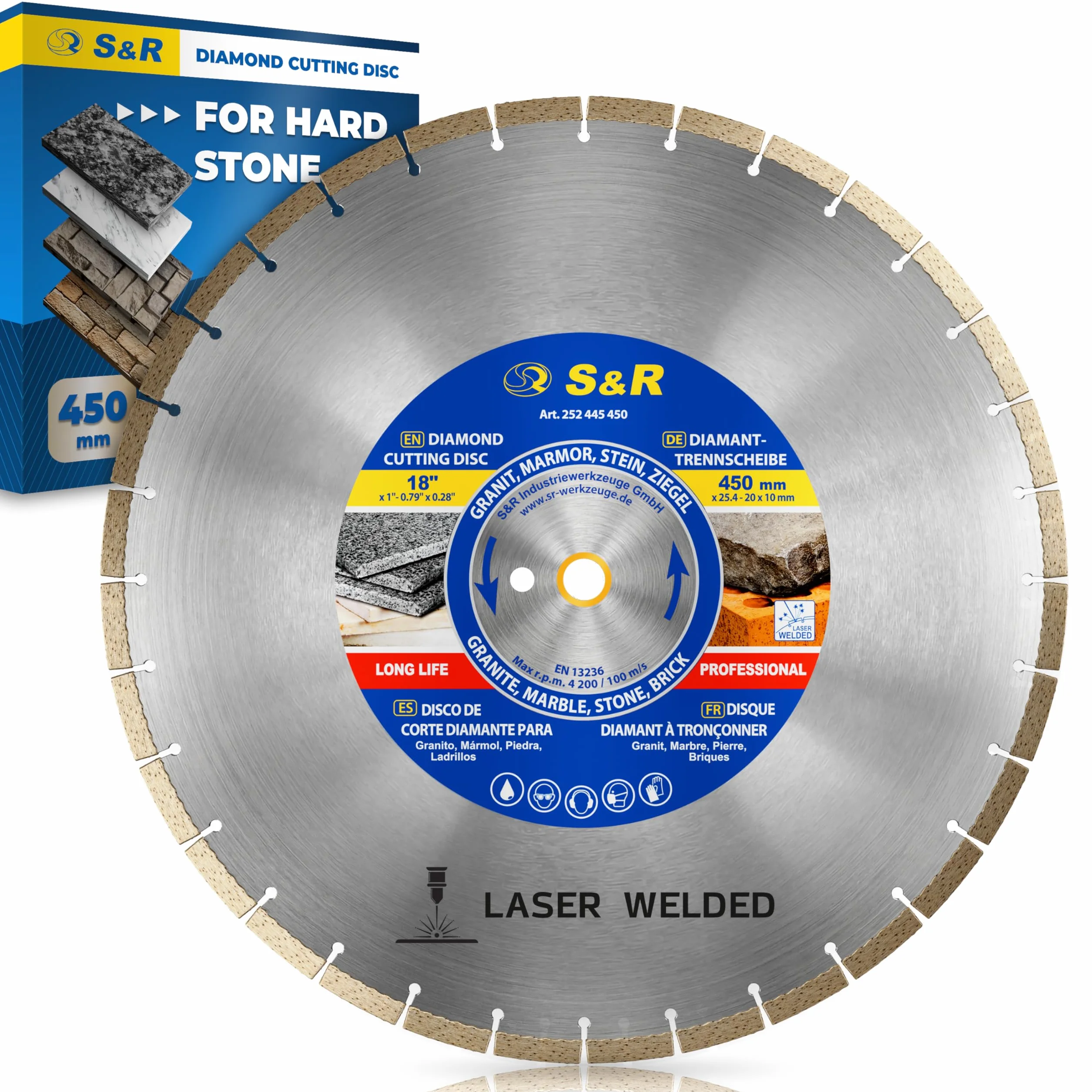 S&R Diamentowa tarcza tnąca 450 x 25,4 x 3,0 x 10 mm, jakość przemysłowa do kamienia naturalnego, sztucznego, marmuru, granitu, piaskowca, twardej cegły, do pił mechanicznych i stołowych