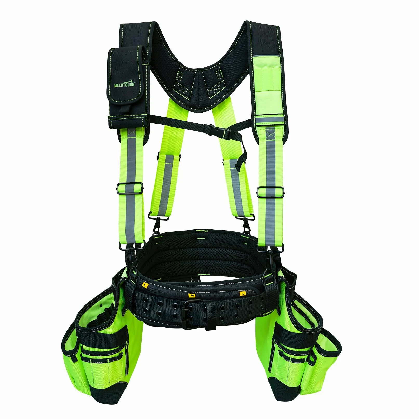 MELOTOUGH Odblaskowy pas narzędziowy bezpieczeństwa z szelkami Hi Vis Torba narzędziowa Szelki Konstrukcja pasa narzędziowego Heavy Duty Work Suspension Rig (Hi Viz Lime)