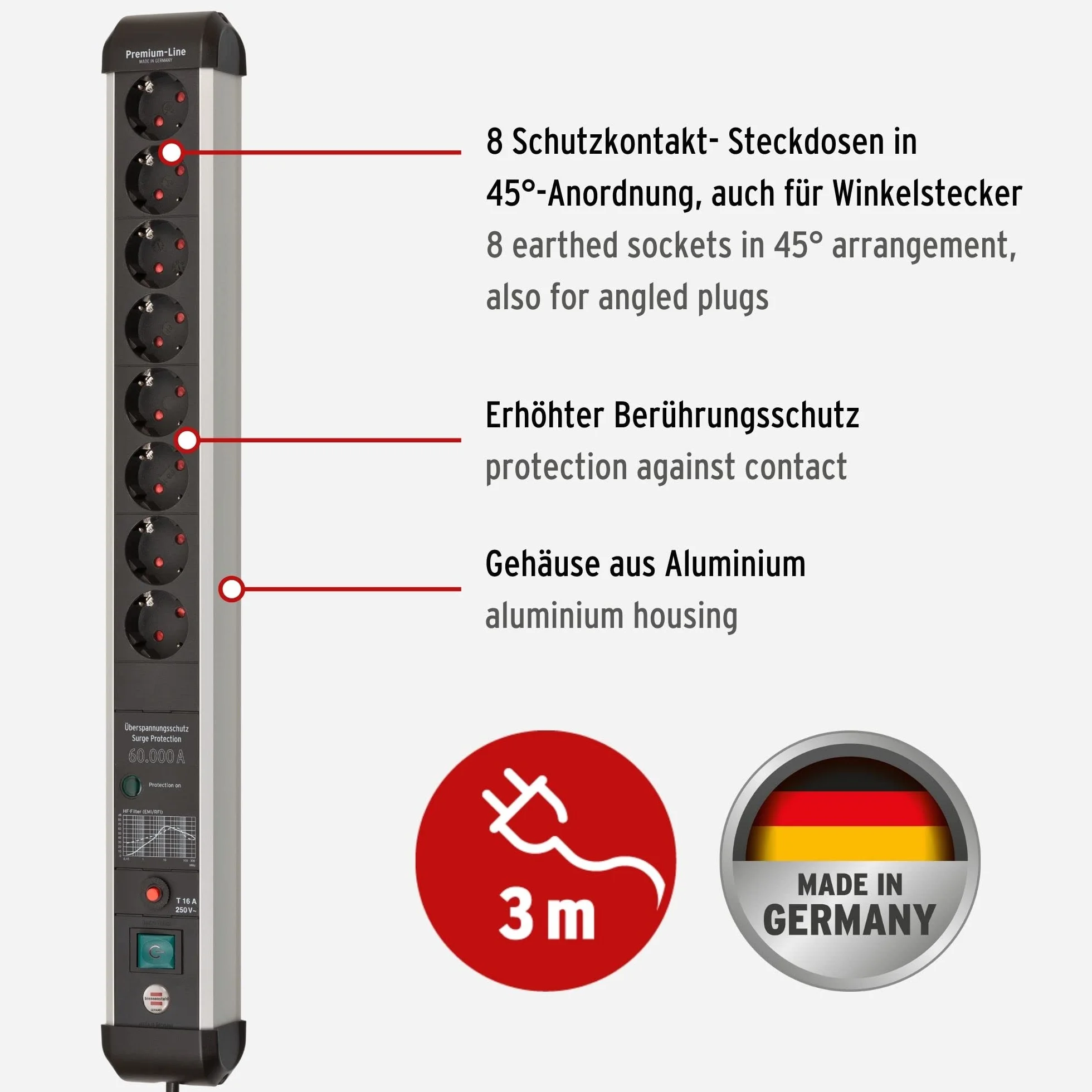 Brennenstuhl Premium Protect-Line listwa zasilająca 8 gniazd ochroną przepięciem 60 000 A kabel 3 m srebrna czarna
