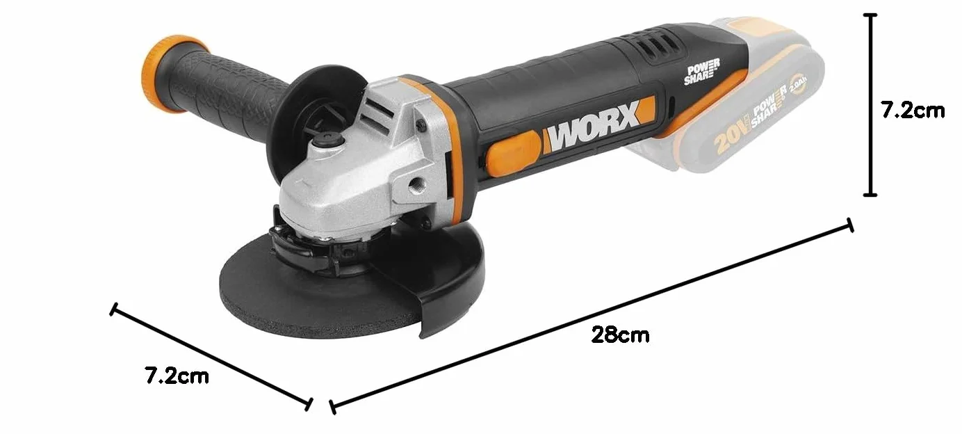 WORX WX803.9 Akumulatorowa Szlifierka Kątowa 20 V, Wydajna Szlifierka Kątowa o Średnicy Tarczy 125 mm, Bezpieczeństwo i Komfort, 2-Pozycyjny Regulowany Uchwyt, bez Akumulatora i Ładowarki