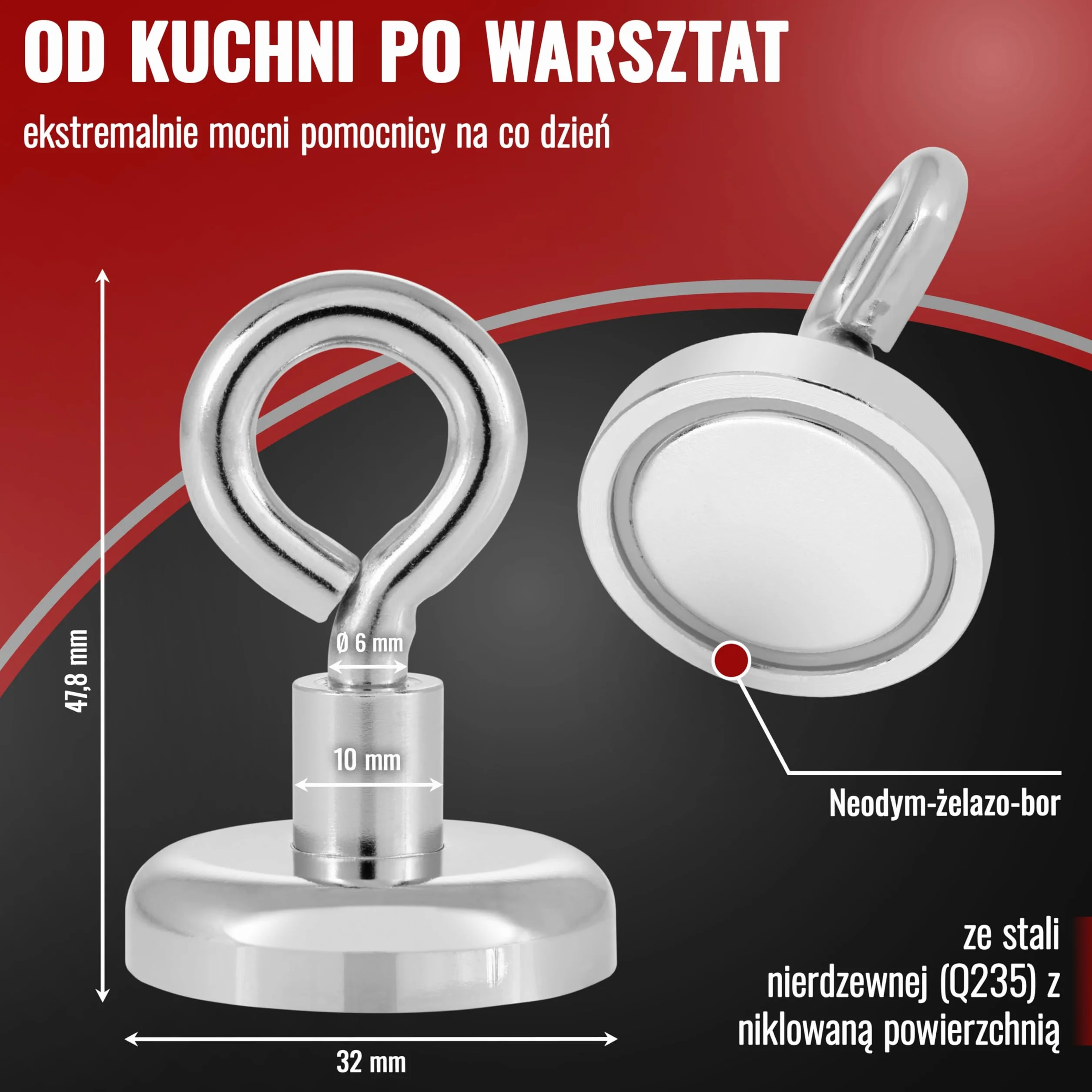 Poppstar 10 oczkowych hakόw magnetycznych, neodymowych (udźwig 36 kg, średnica 32mm),ekstramocne, srebrne
