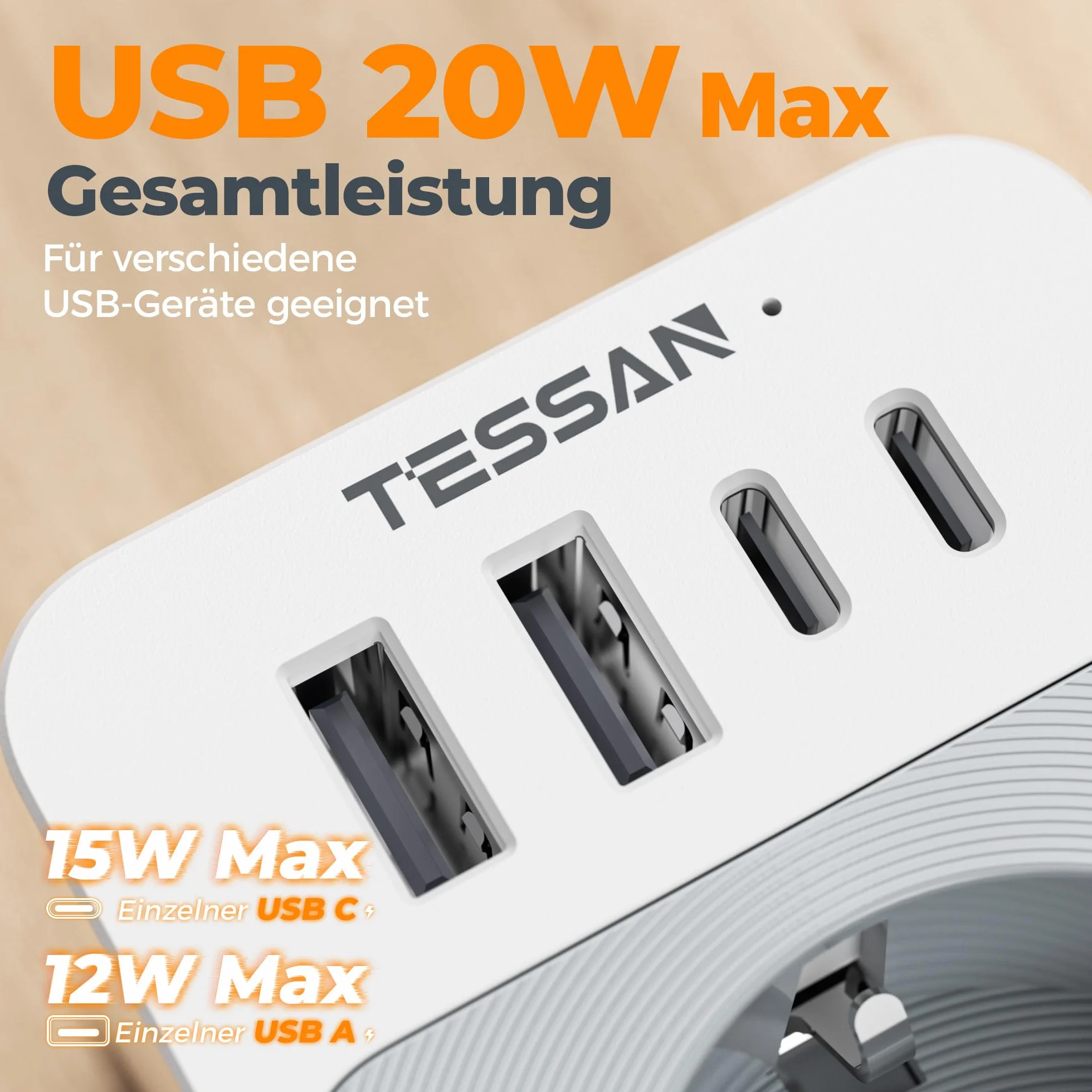 TESSAN Adapter USB C 15W płaskie gniazdo 3600W wielokrotna wtyczka gniazdko ścienne szary