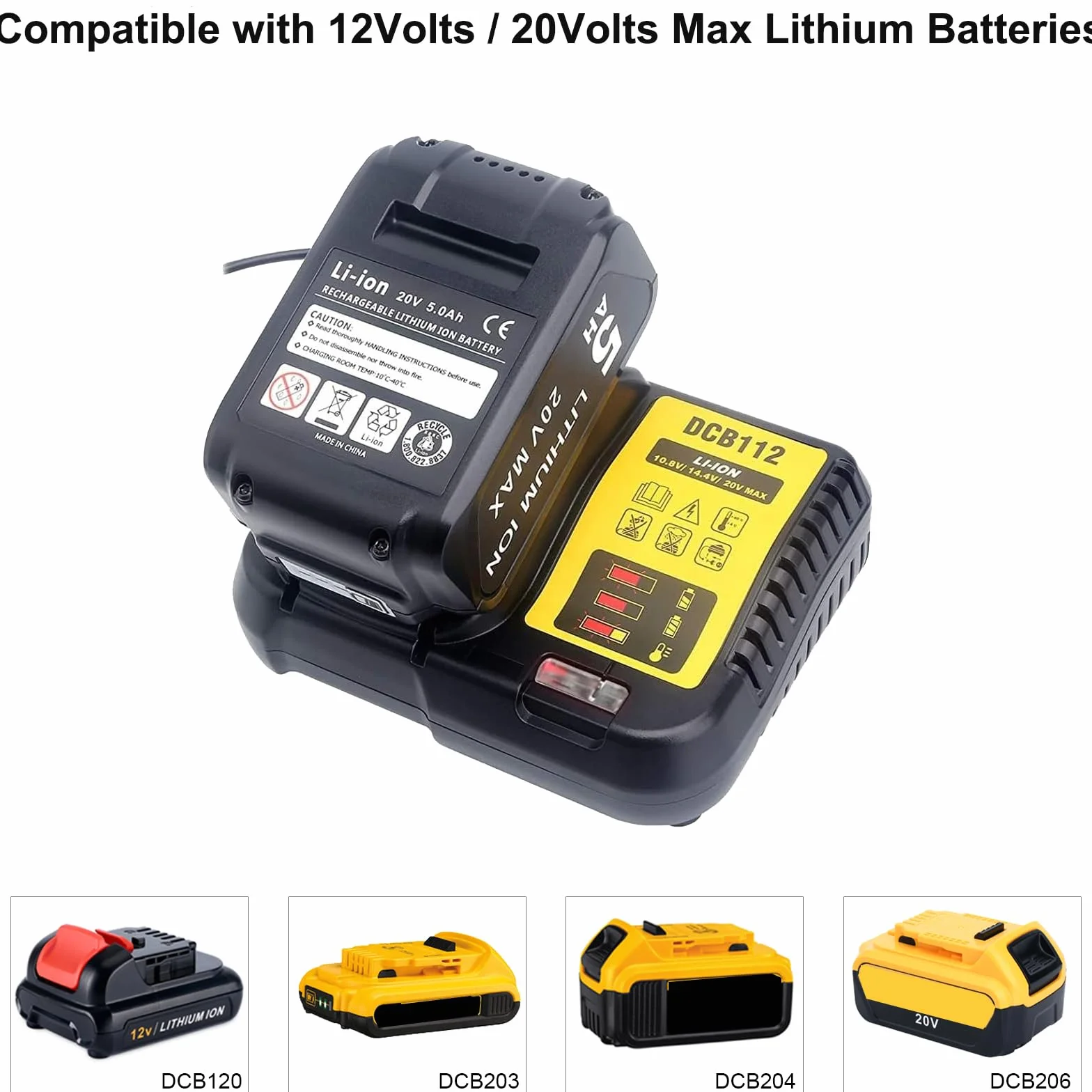 DCB112 Zapasowa ładowarka do ładowarki 20 V DCB101 DCB105 DCB115 DCB107, kompatybilna z akumulatorami litowo-jonowymi 12V i 20V/60V MAX DCB206 DCB204 DCB230 DCB240 DCB120 DCB126 DCB66 12 DCB; 609