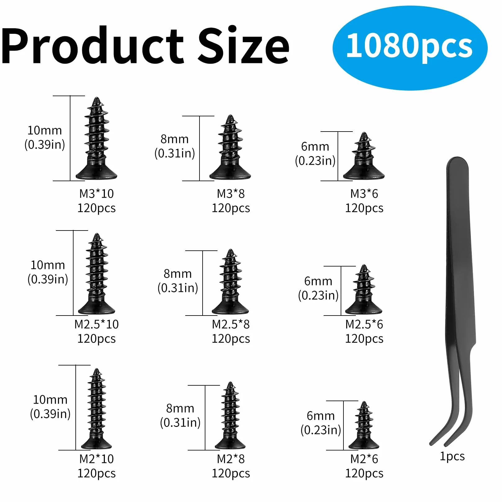 1080 sztuk małych wkrętów samogwintujących M2/M2.5/M3, 6 mm/8 mm/10 mm, z łbem płaskim, krzyżakowym, do blachy, zestaw do urządzeń biurowych, mebli drewnianych, czarne, 1080 szt