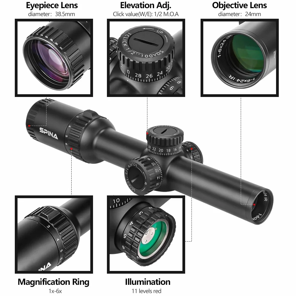 SPINA OPTICS Luneta taktyczna 1-6x24 LPVO podświetlana czerwono-zielona z mocowaniem