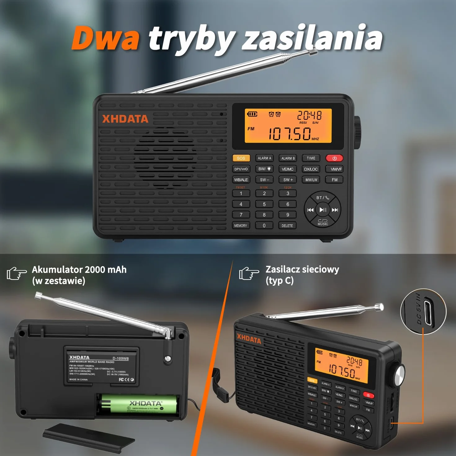 XHDATA D109WB Przenośne radio retro FM/AM/LW MP3 TF Bluetooth z zegarem i budzikiem