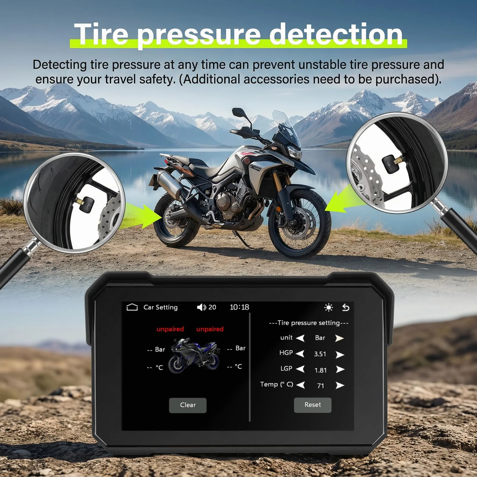 Rimoody Moto Carplay, bezprzewodowe radio samochodowe z systemem Android, z ekranem dotykowym o przekątnej 5", wodoszczelność IP68, z funkcją rozpoznawania ciśnienia w oponach, karta pamięci 12 V