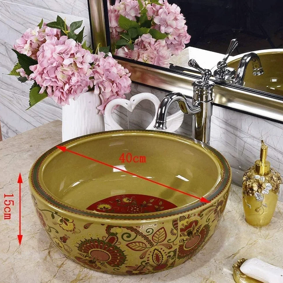 Szafka Pod Umywalkę Z Umywalką, Umywalka Łazienkowa Nablatowa, Okrągła Ceramiczna Umywalka Łazienkowa Nablatowa W Stylu Vintage, Porcelanowa Miska Nablatowa