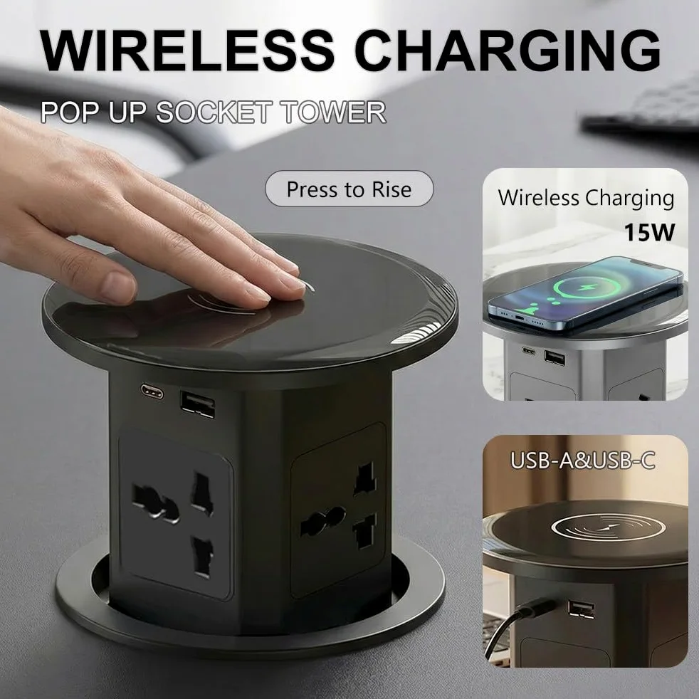 Automatycznie Wysuwane Gniazdko Elektryczne | Podnoszone Gniazdko Z Bezprzewodową ładowarką 15 W + 4 Pozycje | Wielofunkcyjne Gniazdko Usba + C (20 W) Black