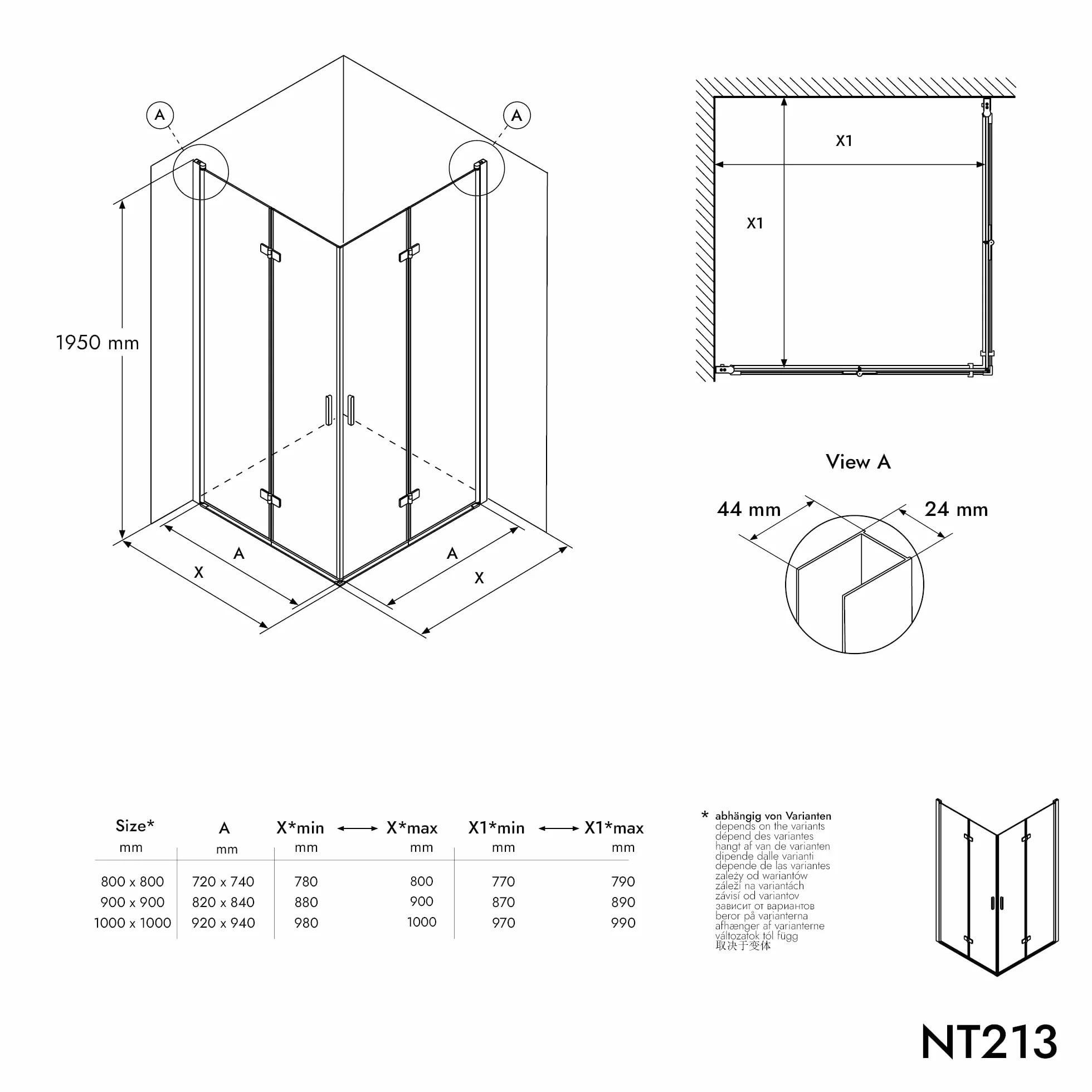 BERNSTEIN Kabina prysznicowa 90x90 szerokie drzwi składane bezramowy NT213 8 mm ESG nano prysznic z prawdziwego szkła czarnym matowym profilem, prysznic prawy x lewy: szerokość 90x90cm
