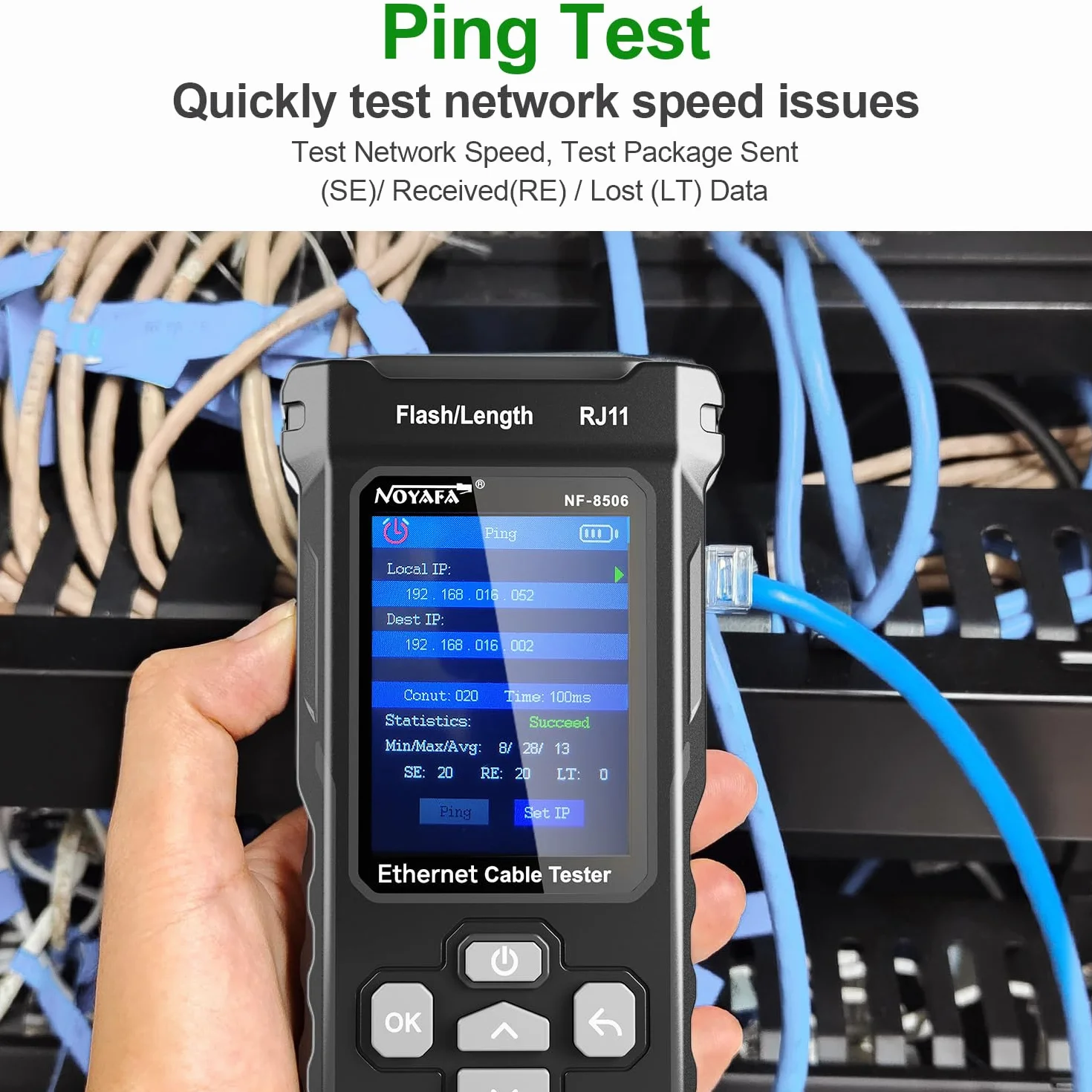 NOYAFA Tester kabli sieciowych ze skanerem IP, tester Ethernet CAT5E CAT6, test Ping PoE, miganie portów, toner kablowy TDR do RJ11 RJ45 Ethernet