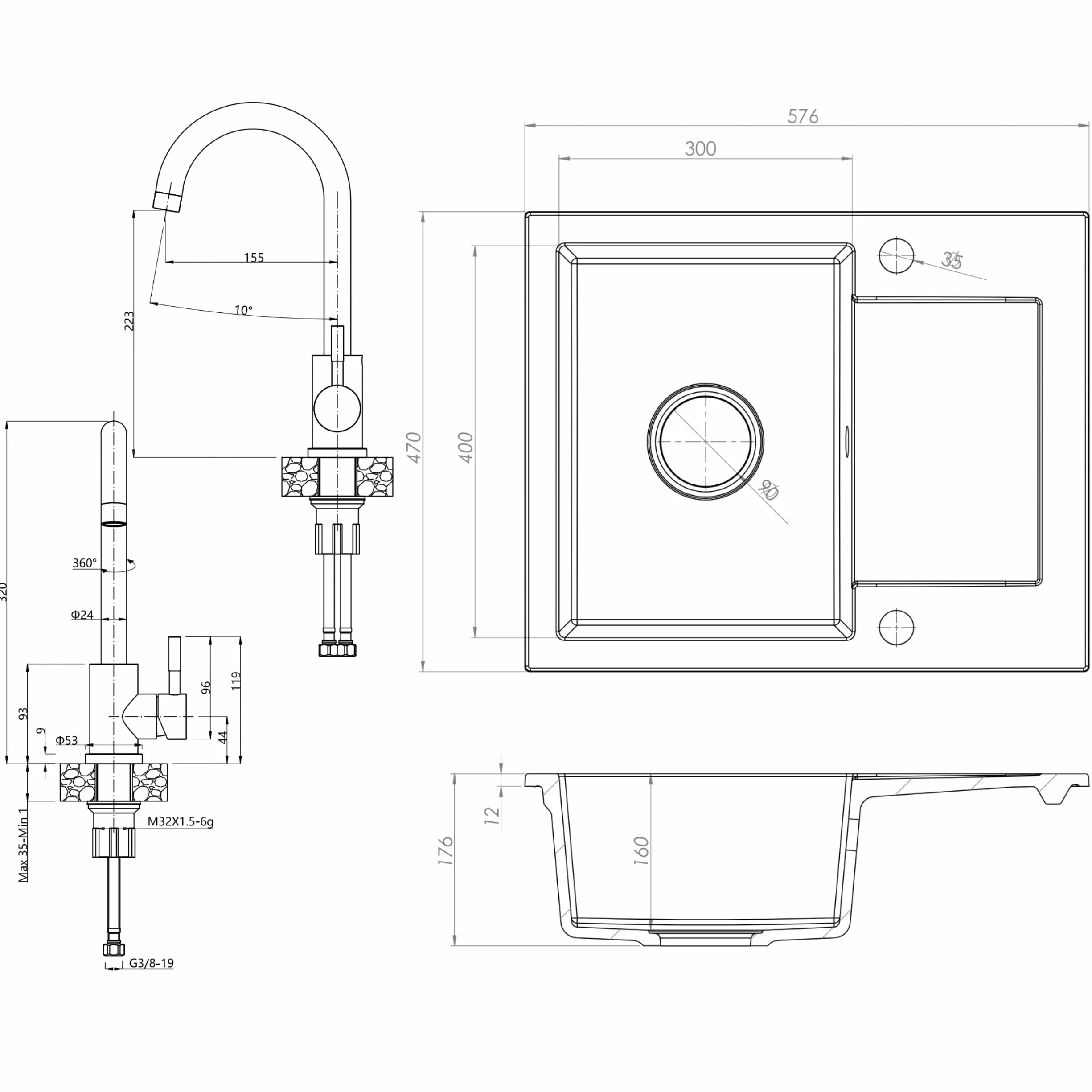SINK Quality Zlewozmywak granitowy szary z armaturą 58 x 47 – zlewozmywak z syfonem i środkiem impregnującym – zlewozmywak kuchenny szary z ociekaczem do szafki pod umywalkę 50