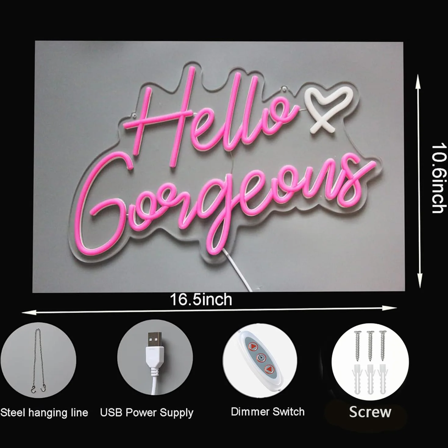 Hello Gorgeous neonowy znak Hello Beautiful różowy neonowe światła LED do domu, na ślub, urodziny, wieczór panieński, z przełącznikiem ściemnianym (5 V, 16,5 x 10,15 cm)