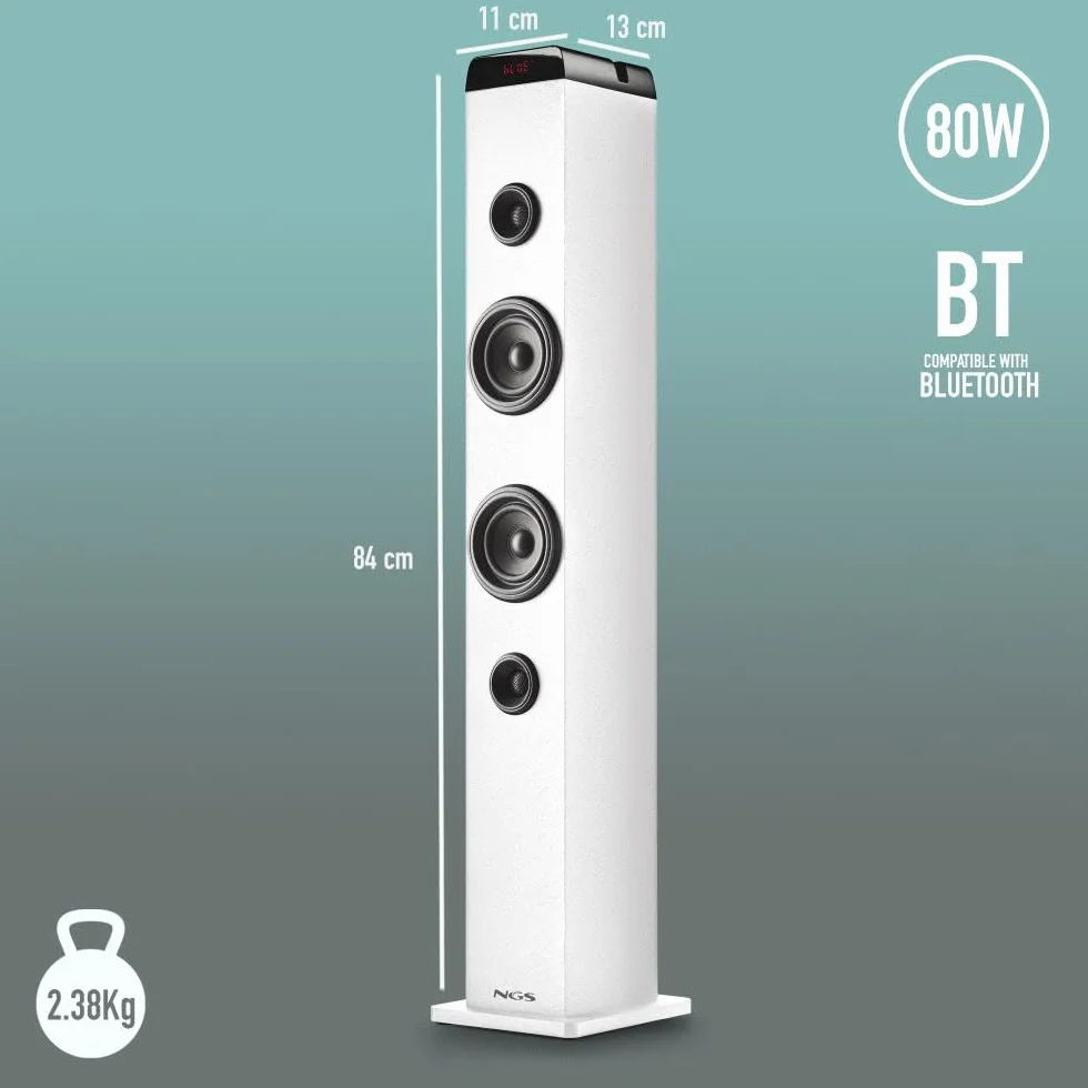 NGS Sky Charm Pro White wieża dźwiękowa 50 W Bluetooth 5.4 radio FM mikrofon karaoke pilot biały