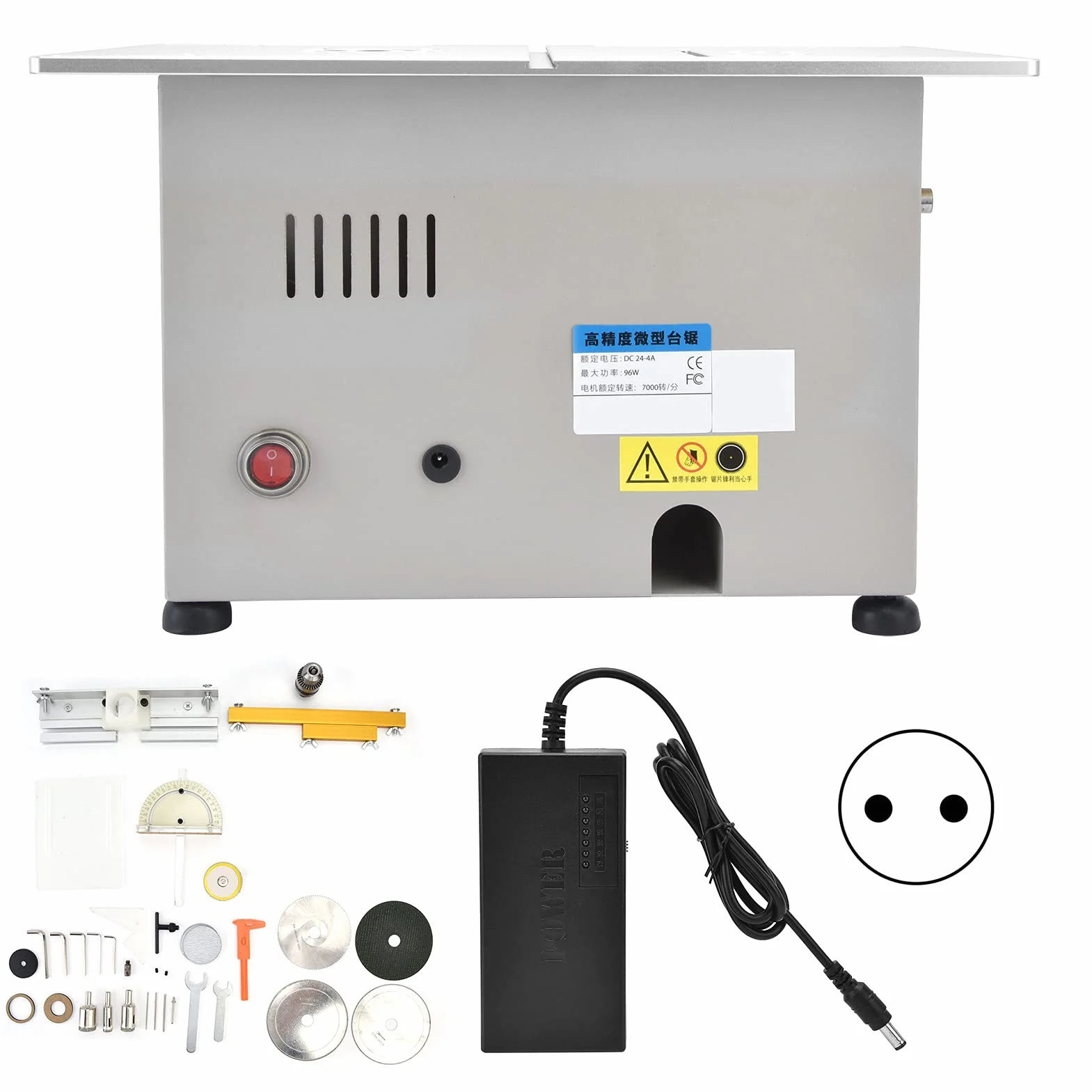 Piła stołowa Elektryczna mini przenośna piła stołowa Narzędzie do cięcia drewna na biurko DC12 24 V 96 W Mocny silnik Regulowany kąt linijki Precyzyjna skala laserowa (diamentowe srebro)
