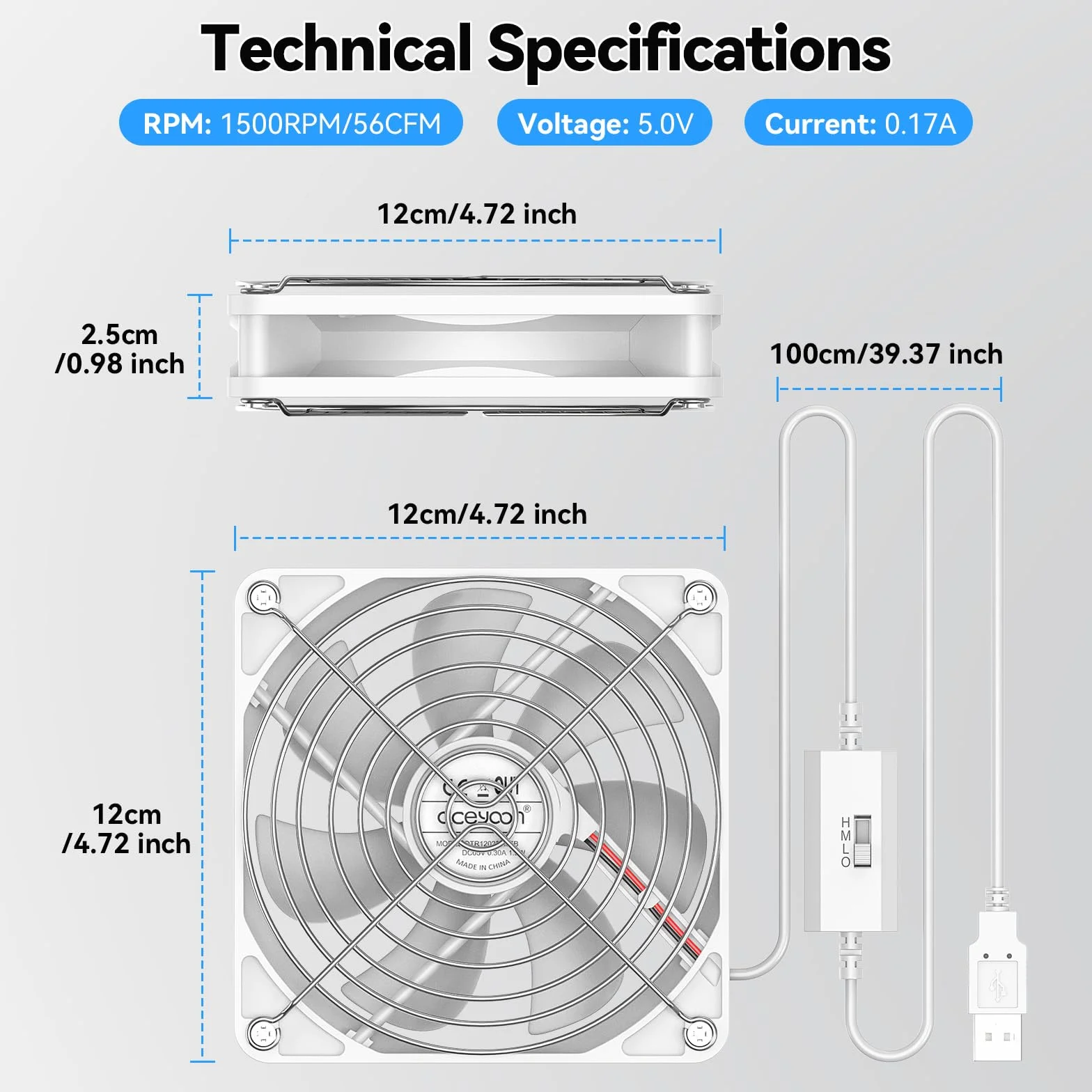 aceyoon Wentylator USB 120 mm 5 V 3 prędkości przenośny mini chłodzący do laptopa biały
