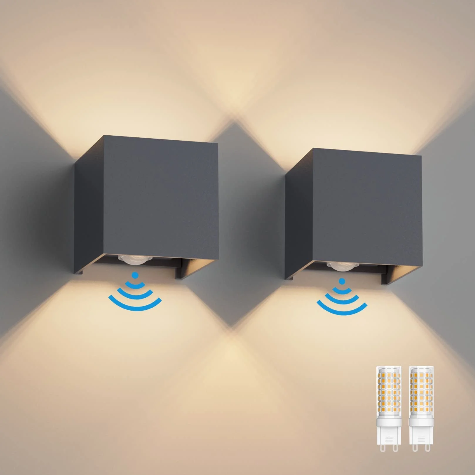 Klighten 2 szt. Zewnętrzna lampa ścienna z czujnikiem ruchu, IP54, oświetlenie ścienne wewnętrzne z regulowanym kątem wiązki, z wymienną żarówką LED G9, ciepła biel 3000 K, antracytowa
