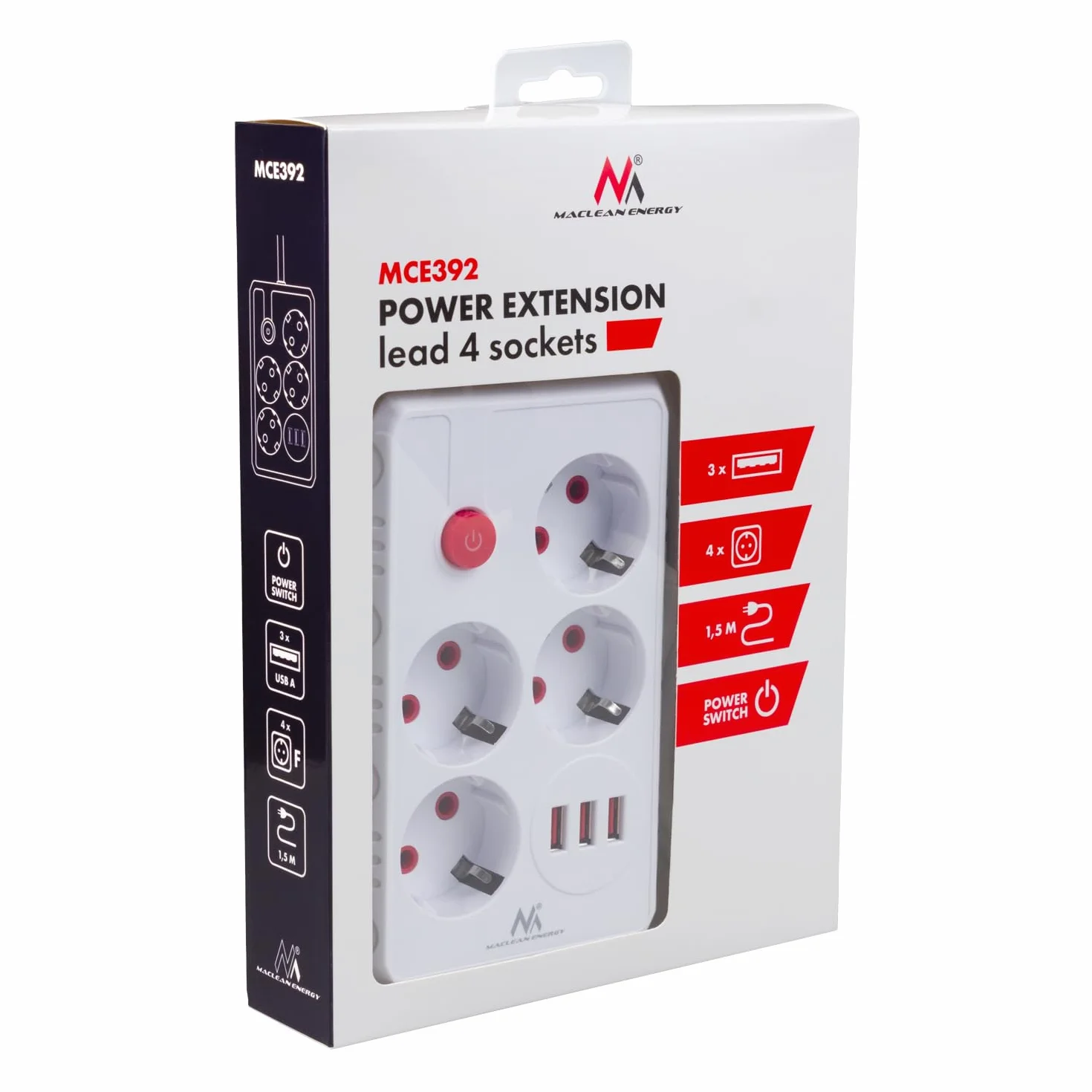 Listwa zasilająca Maclean MCE392/393 | 4 gniazda 3xUSB 2500W kabel 1,5 m gniazda wygięte pod kątem 45° | montaż pod biurkiem podświetlany wyłącznik do domu, biura (Biały, 1,5 m)