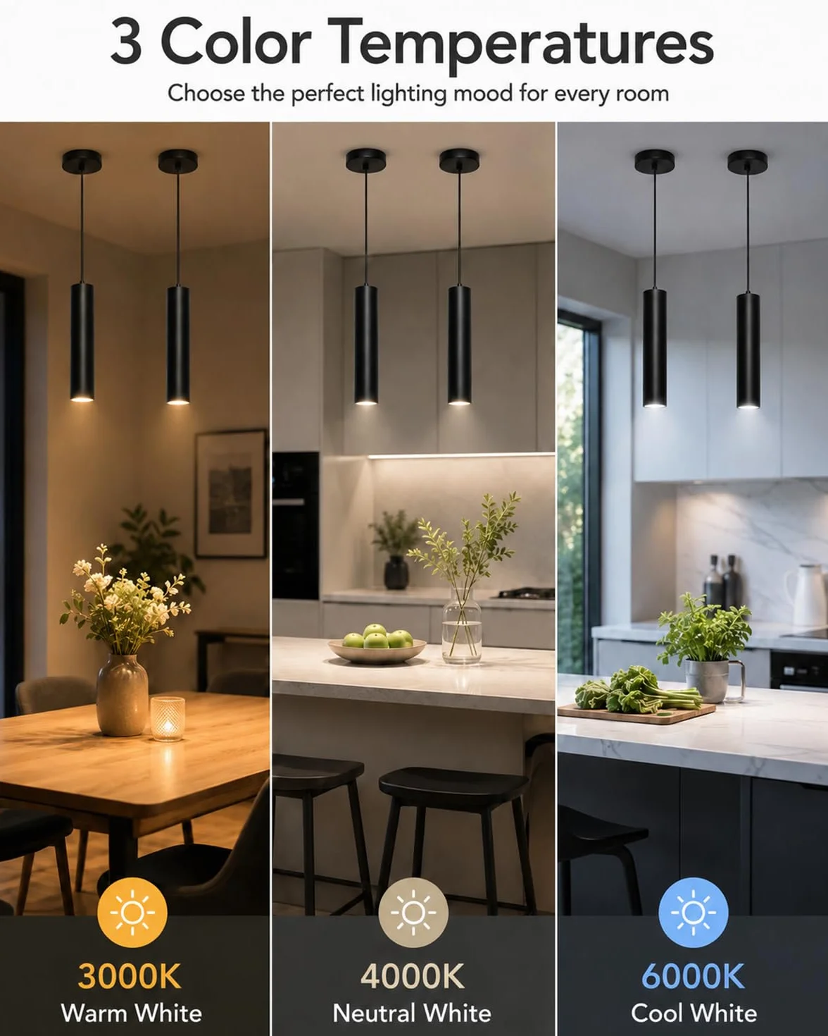 ACMHNC Lampa Wisząca LED, Zestaw 2 Sztuk Nowoczesnych Lamp Sufitowych GU10 do Kuchni i Sypialni, 10W 3000/4000/6000K, Czarny Żyrandol Cylindryczny 30cm