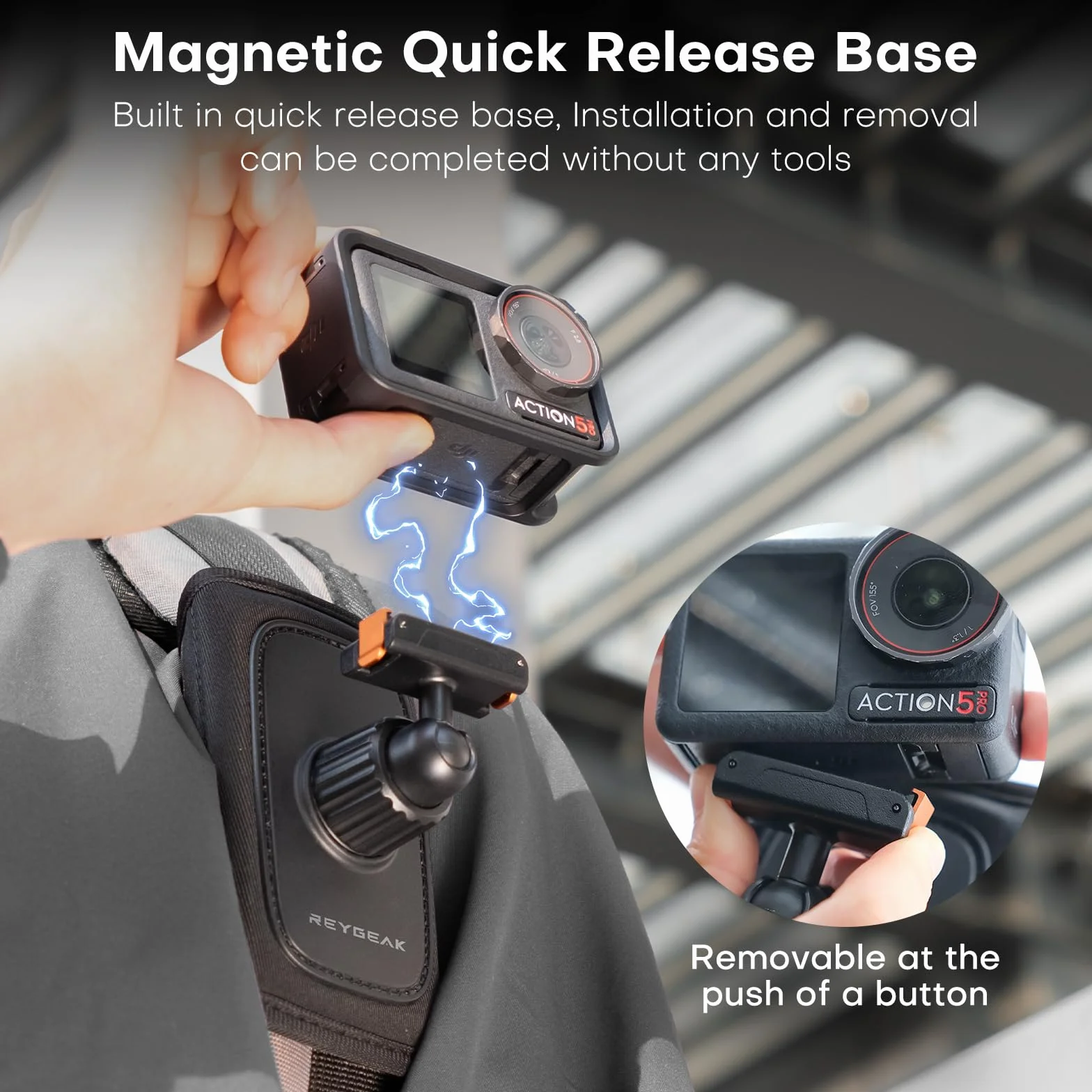 REYGEAK Uchwyt na ramię do plecaka DJI OSMO Action 5 Pro/Action 4/Action 3, z regulowaną wyściółką na ramię, system mocowania paska
