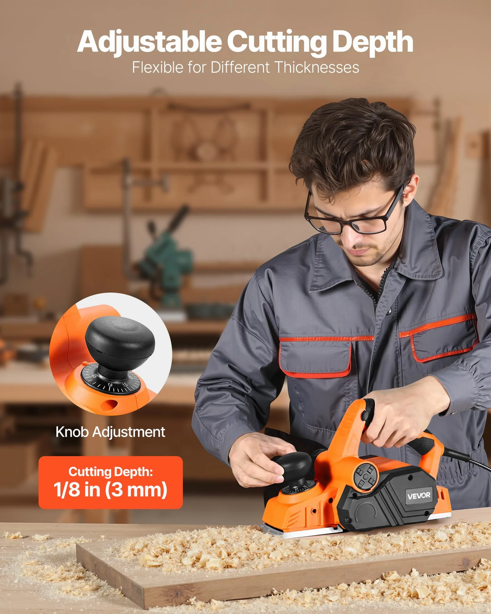 VEVOR Szerokość cięcia strugarki ręcznej 82 mm, przenośna strugarka z kablem 900 W 14500 obr./min do obróbki drewna, głębokość cięcia 3 mm, 2 ostrza, szlifierka ręczna DIY