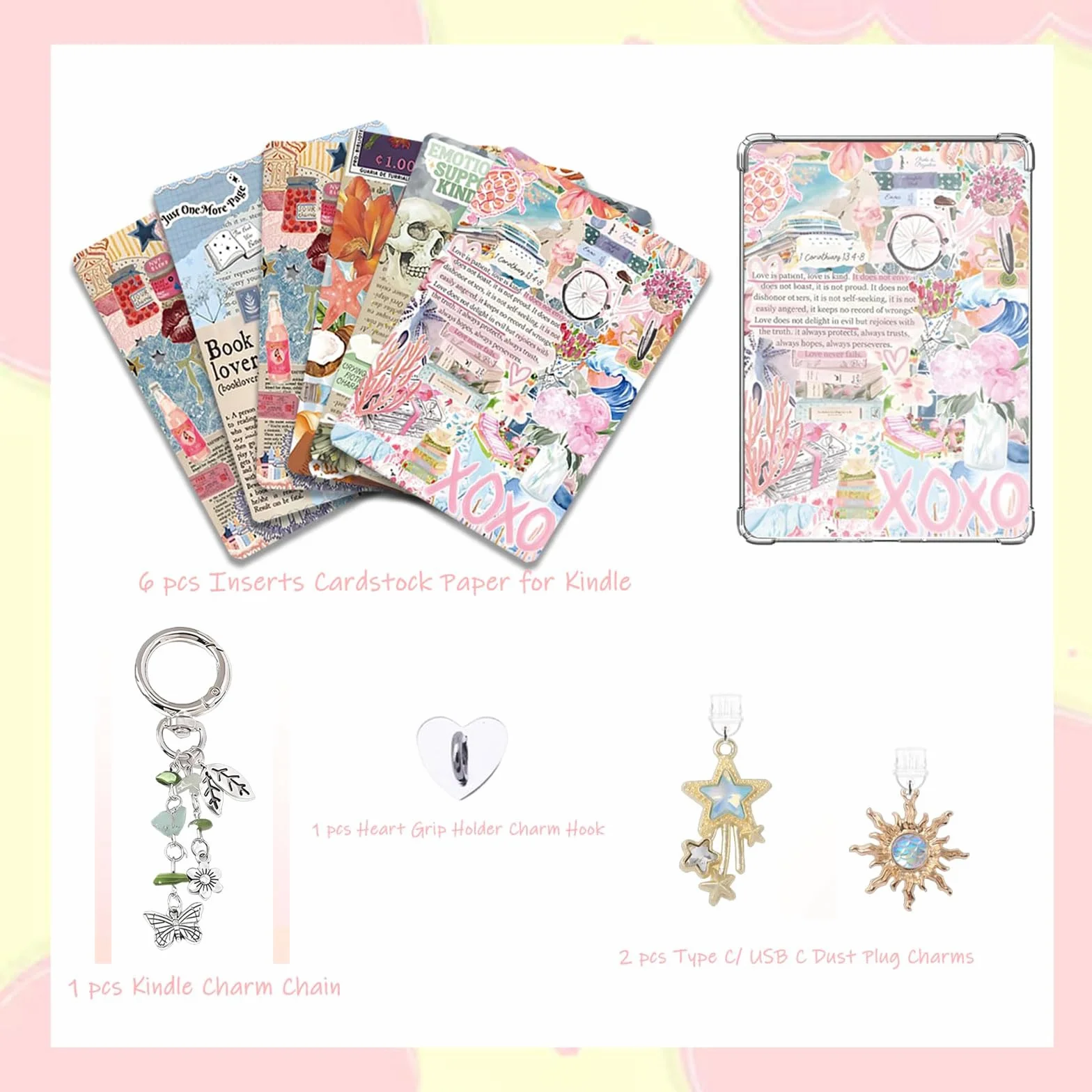 VelvetGlow 6 szt. wkładek do etui Clear Case na czytnik e-booków i 2 szt. zatyczek antykurzchowych Retro Phone Charm Set, wkładki kartonowe 17,3 x 12,2 cm kompatybilne z Kindle Paper White 11./12