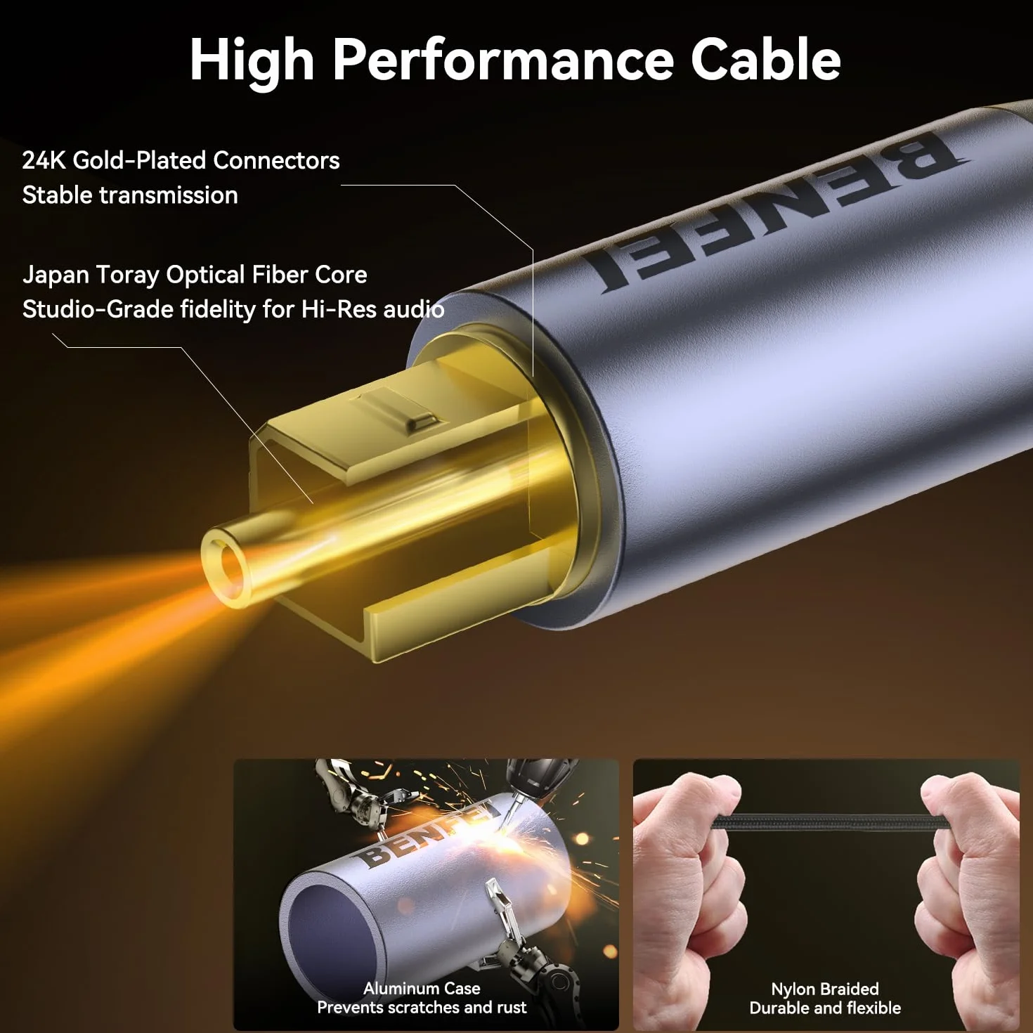 BENFEI Kabel audio optyczny Toslink 2M, przewód światłowodowy S/PDIF [pleciony, pozłacane złącza, klasa CL3] do soundbara/telewizora/PS5/PS4/Sonos, Xbox Series X/S, kina domowego