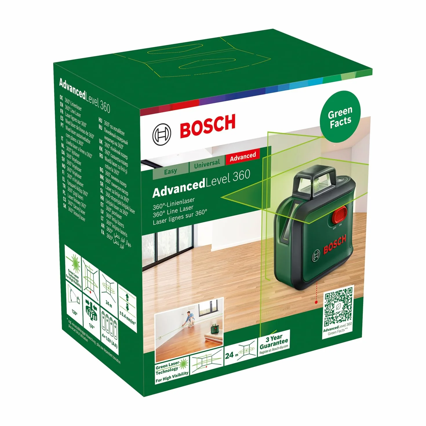 Bosch Home And Garden Laser Krzyżowy Advancedlevel 360 (3 Linie Laserowe, w Tym 360° do Wyrównywania Elementów w Całym Pomieszczeniu, Opakowanie Kartonowe)