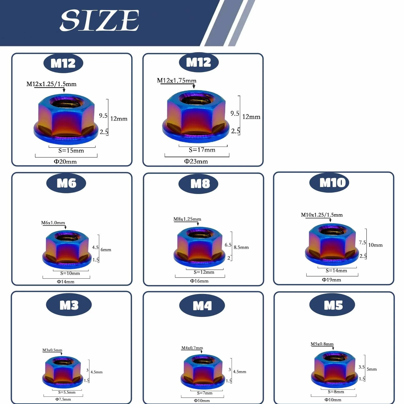 RISON tytanowa nakrętka kołnierzowa M12 x 1,5 mm, tytanowa nakrętka zębata, wypalana, niebieska, 6AL4 V, tytanowa nakrętka kołnierzowa do motocykla, 5 sztuk