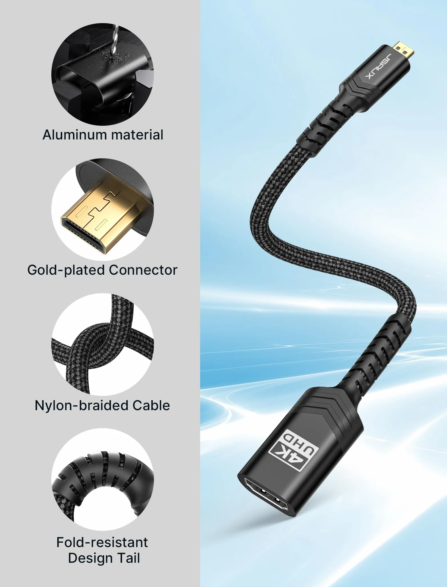 JSAUX Adapter Micro HDMI na HDMI 4K 60Hz HDR 3D 18 Gbps kompatybilny z Raspberry Pi 5/4 czarny