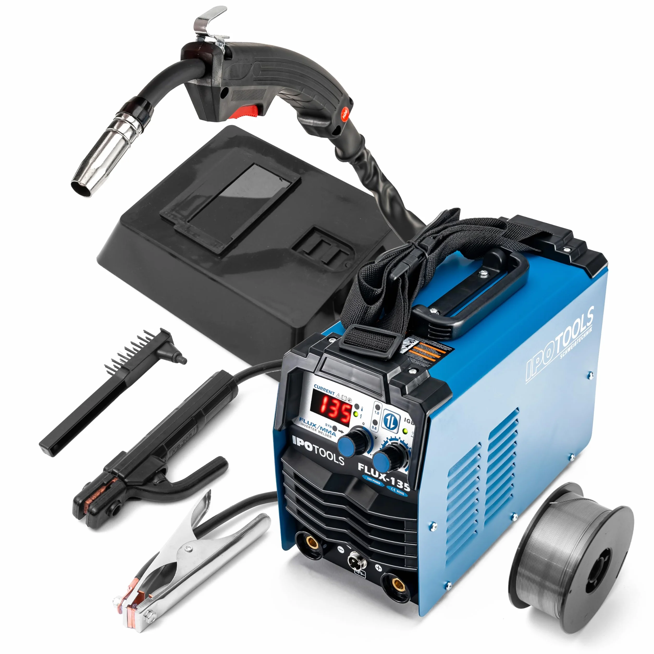 IPOTOOLS FLUX-135 spawarka drutem rdzeniowym bez gazu 135 A – 3 w 1 FLUX/ARC/MMA inwerterowa spawarka z synergicznym posuwem drutu, IGBT, 230 V, kompaktowa i przenośna
