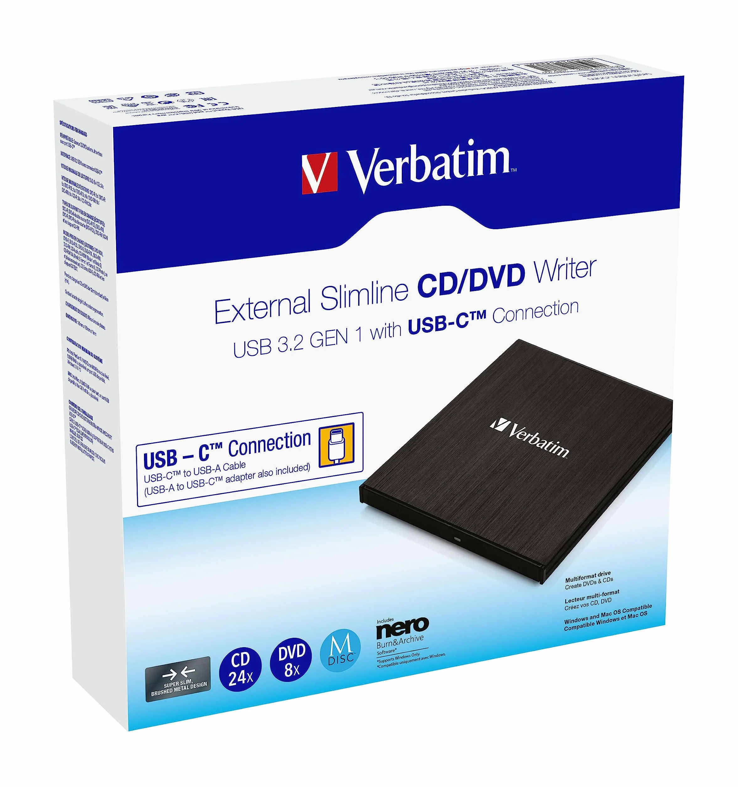 Verbatim External Slimline CD/DVD Writer USB 3.2 Gen1 USB-C na USB-A