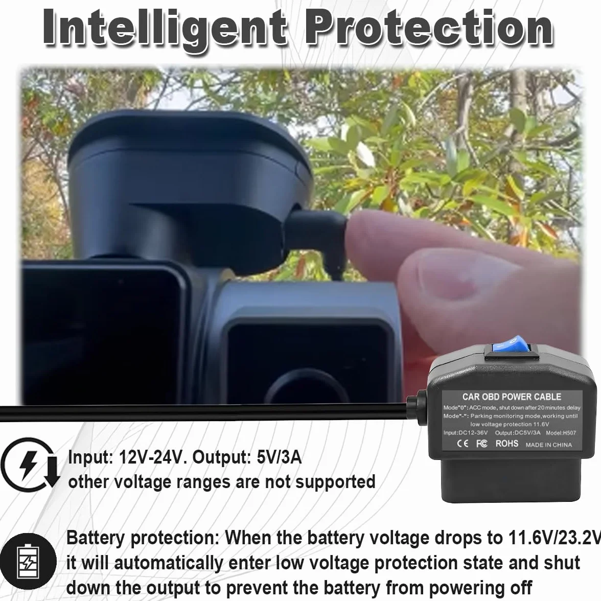 Kabel zasilający Type-C OBD Adapter do Dashcam GPS Radar OBD2 90 stopni 12-24 V do 5V/3 A sztywne złącze