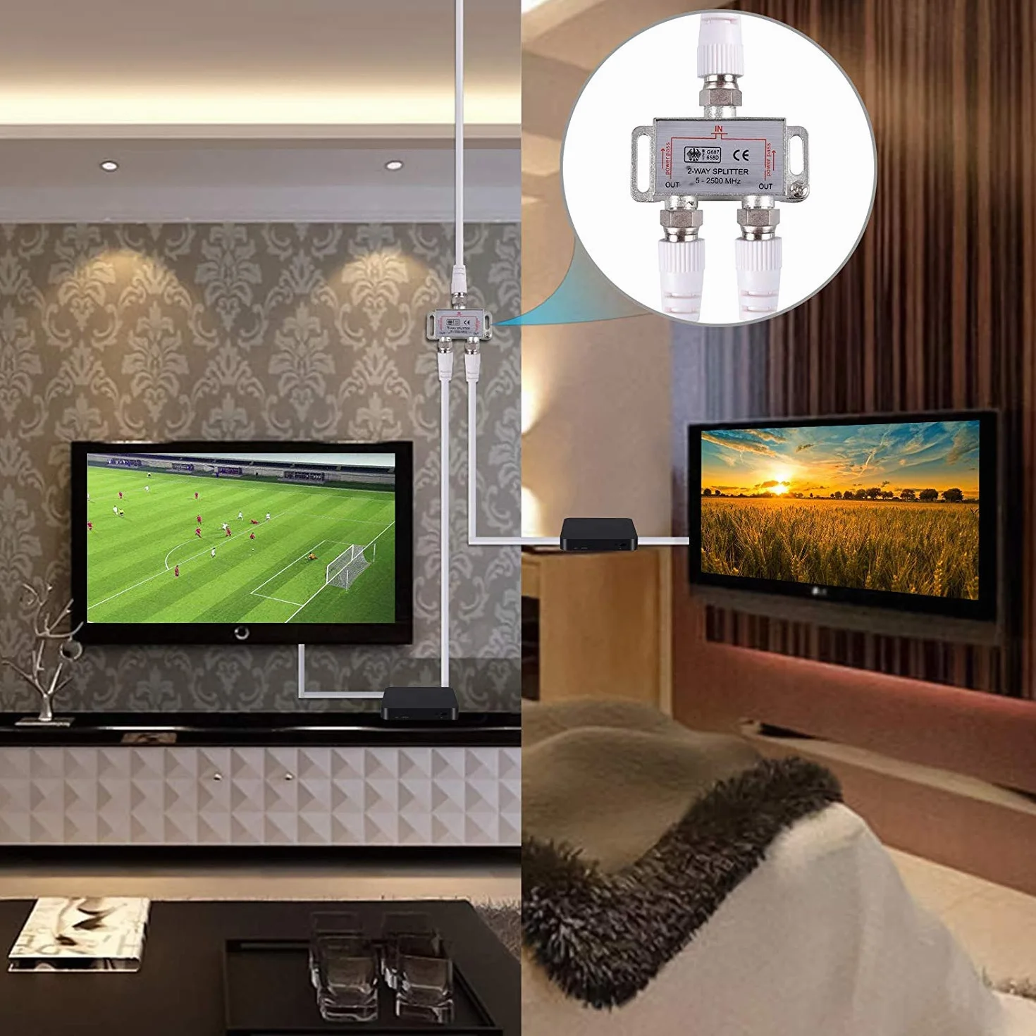 RUNCCI-YUN 2-drożny rozdzielacz telewizji satelitarnej 5-2500 MHz szerokopasmowy rozdzielacz telewizji CATV z 2 x 1,5 m kabel koncentryczny z wtyczką F do Sky Box Telewest Eurovox Starview Dreambox