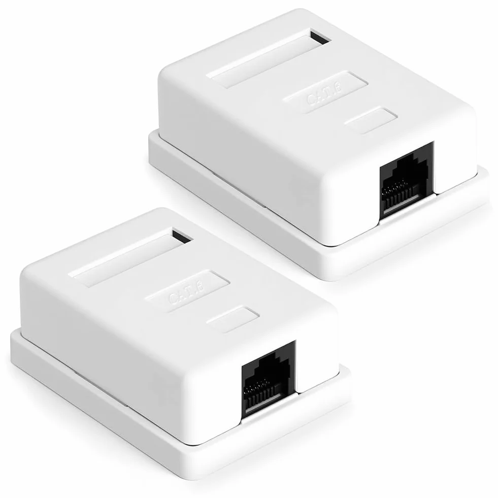 CAT 6A gniazdo sieciowe natynkowe, 2 sztuki, 1 port RJ45, ekranowane gniazdo przyłączeniowe 10 Gbit/s Ethernet sieć LAN gniazdko do ściany, biura, domu, przemysłu