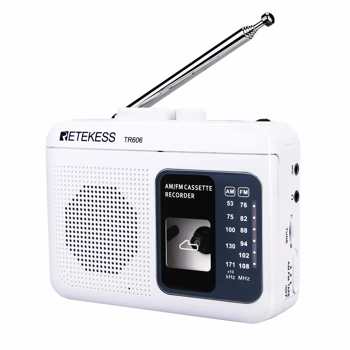 Retekess TR606 Przenośny Odtwarzacz Kaset Magnetofon Radio FM AM Gniazdo Słuchawkowe 3,5 mm Szybkie Przewijanie Biały