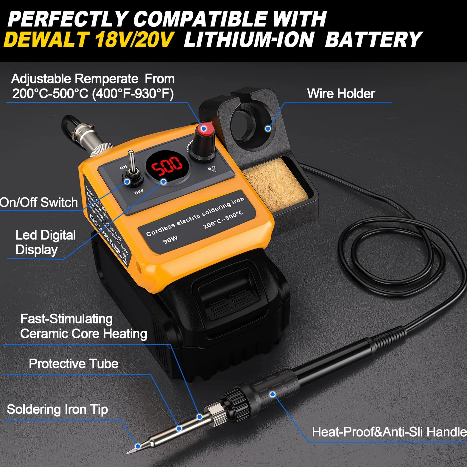 Bezprzewodowy zestaw lutownicy do lutownicy Dewalt 18 V 54 V, 75 W LED cyfrowa lutownica z 5 końcówkami, drut lutowniczy 50 g dla każdego miłośnika hobby (bateria nie jest dołączona)